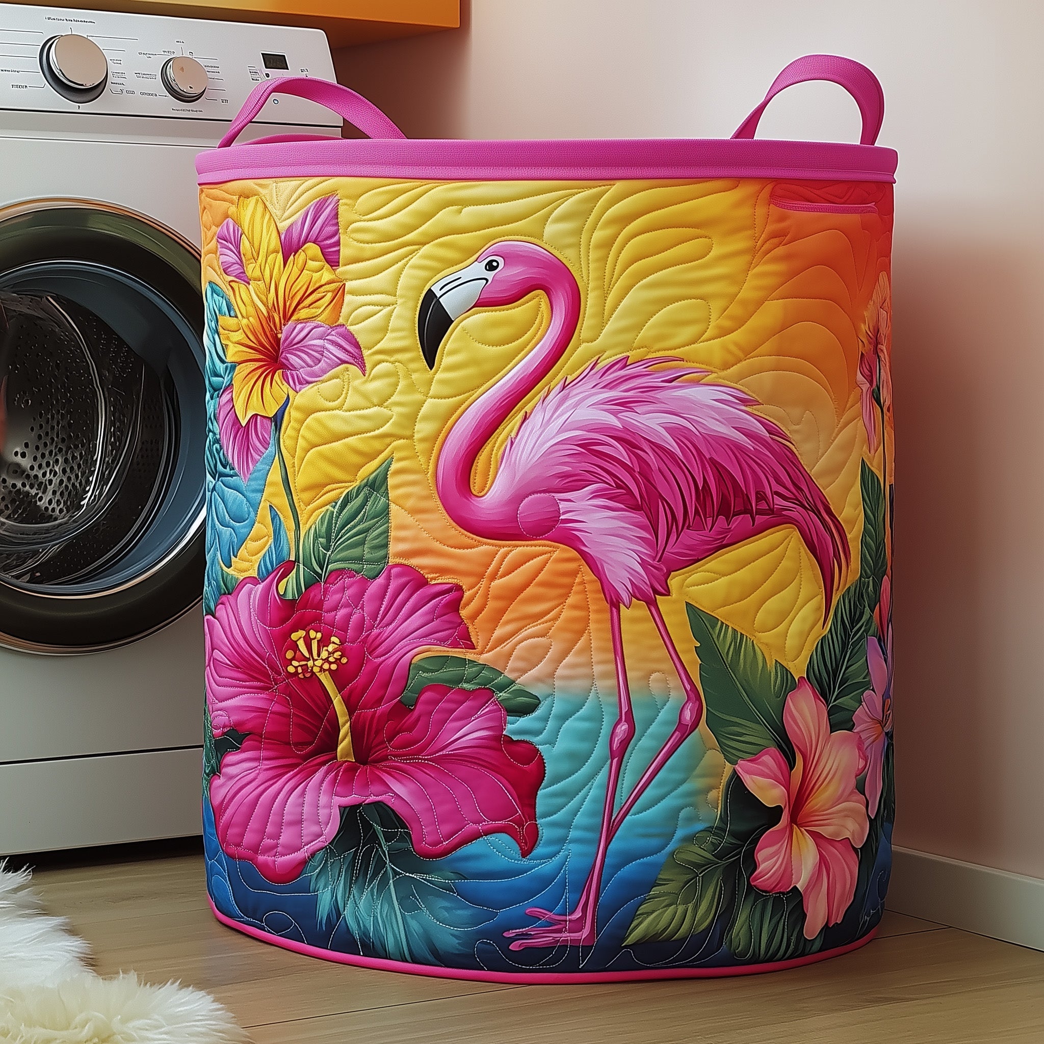 Hibiscus And Flamingo Quilted Laundry Basket Graduation Merch Gift