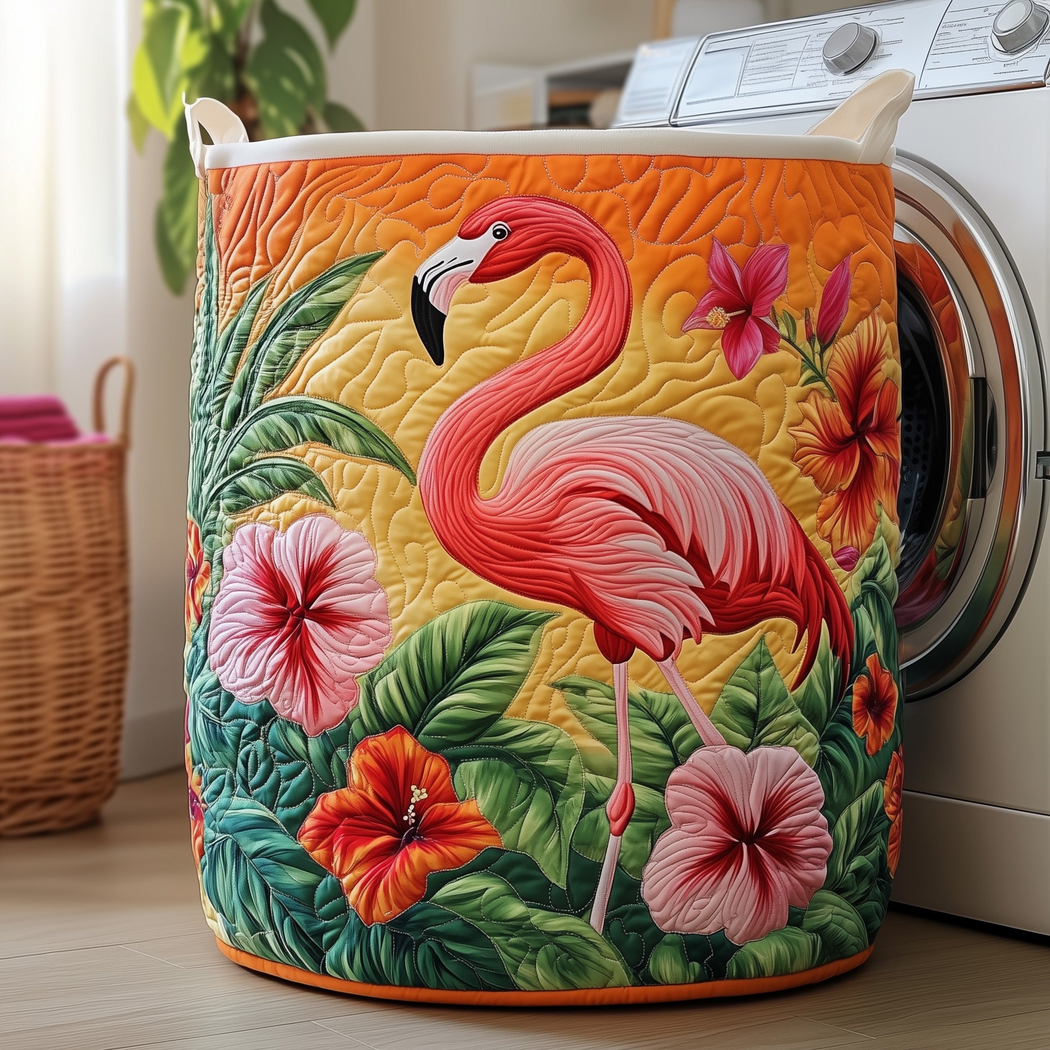 Hibiscus And Flamingo Quilted Laundry Basket Halloween Merch Gift