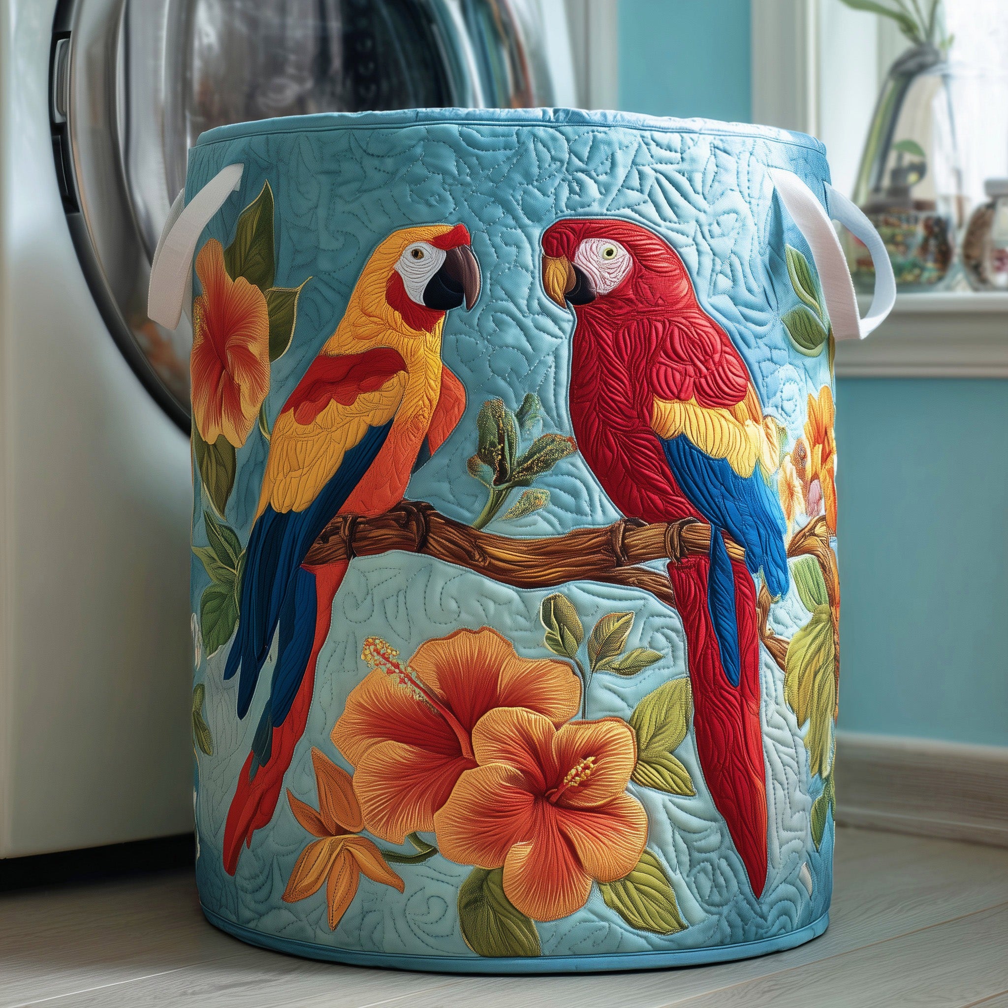 Hibiscus And Parrot Quilted Laundry Basket Merch For Dad