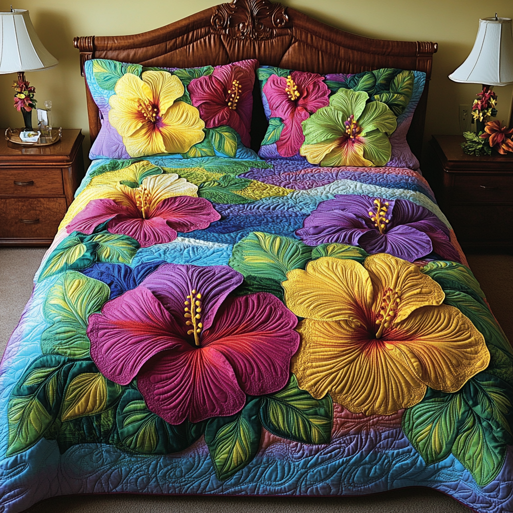 Hibiscus Bloom Quilted Bedding Set Best Bed Sheet Set Christmas Flower Gifts