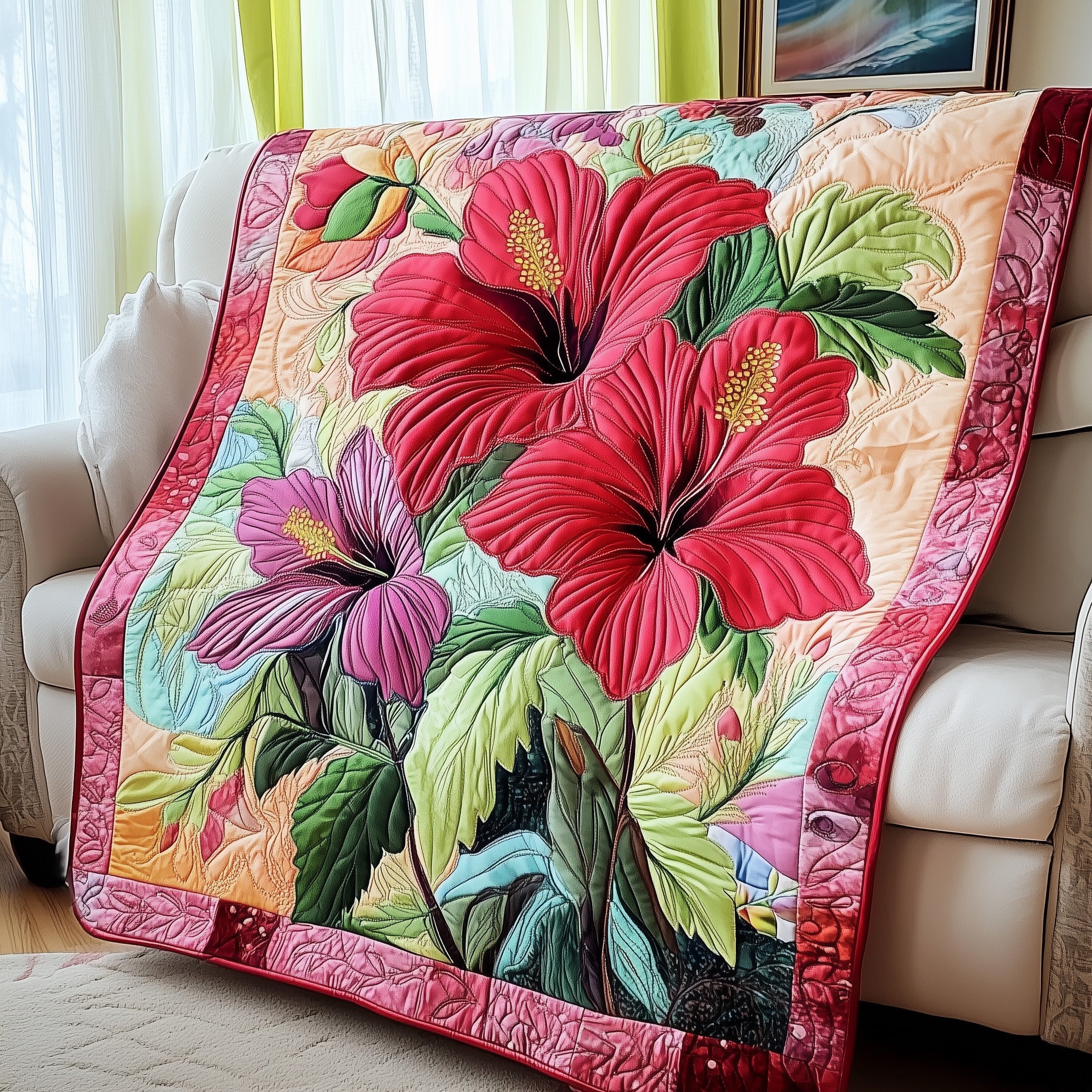 Hibiscus Bloom Quilted Blanket Cute Bed BlanketChristmas Gift Family Exchange Ideas