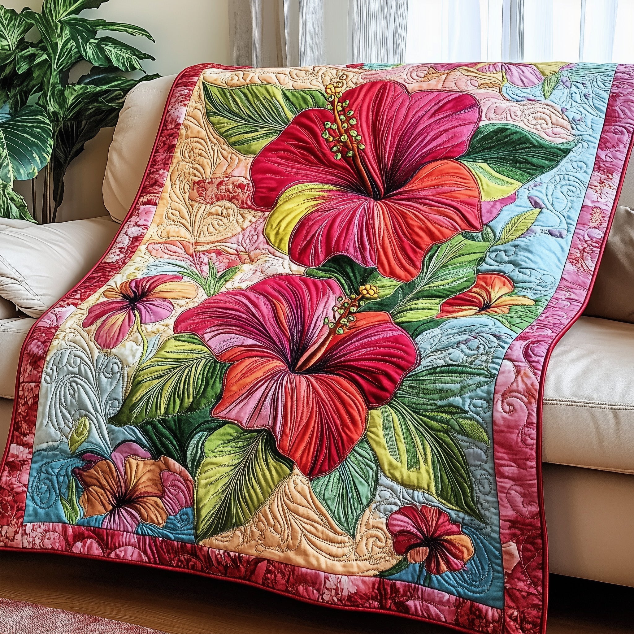 Hibiscus Bloom Quilted Blanket Cute Bed BlanketGreat Gifts For Bird Watchers