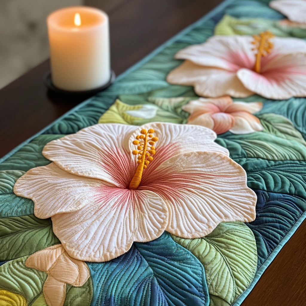 Hibiscus Bloom Quilted Table Runner Tropical Themed Kitchen Decor Best Friend Presents