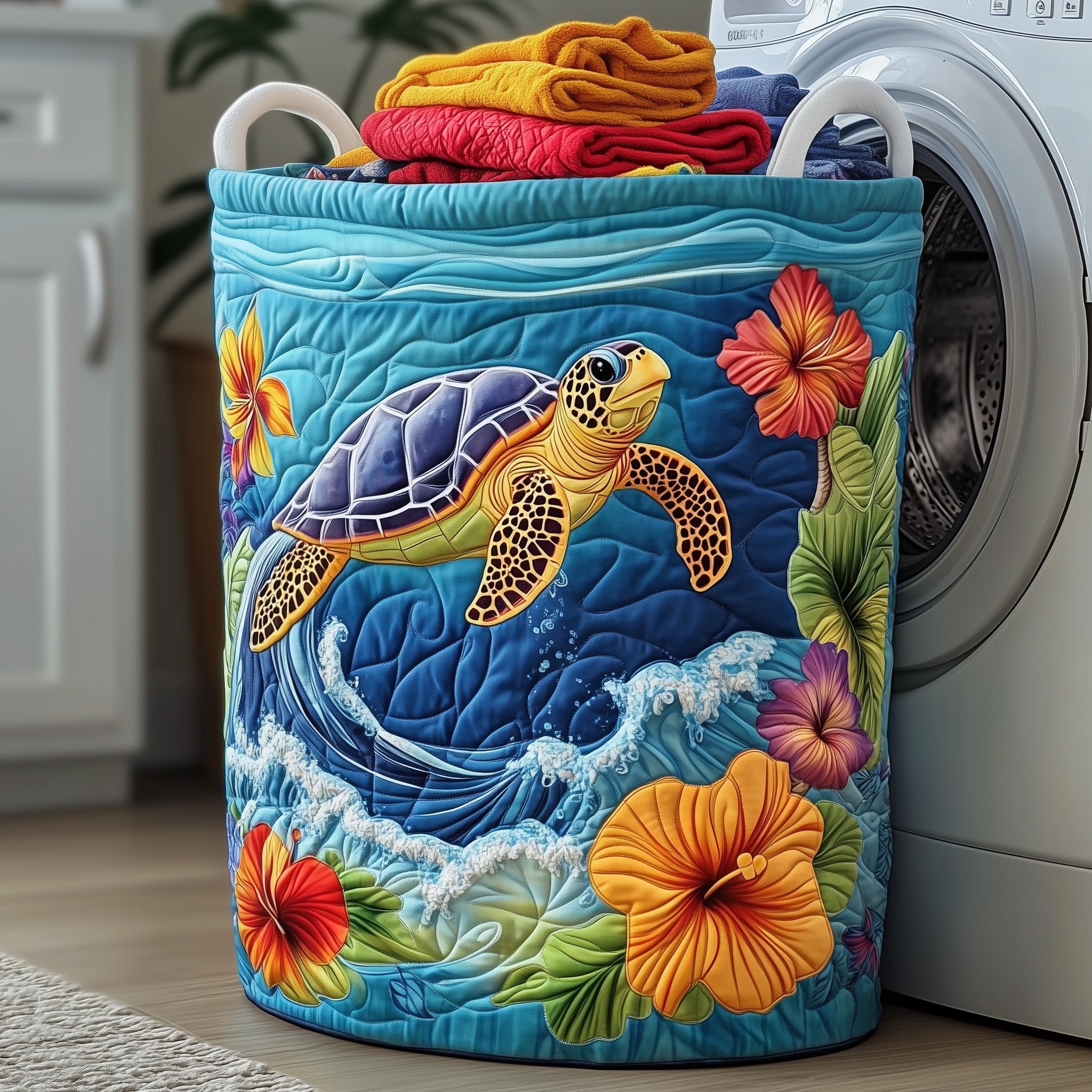 Hibiscus Blossom Quilted Laundry Basket Christmas Presents For Sea Turtle Lovers