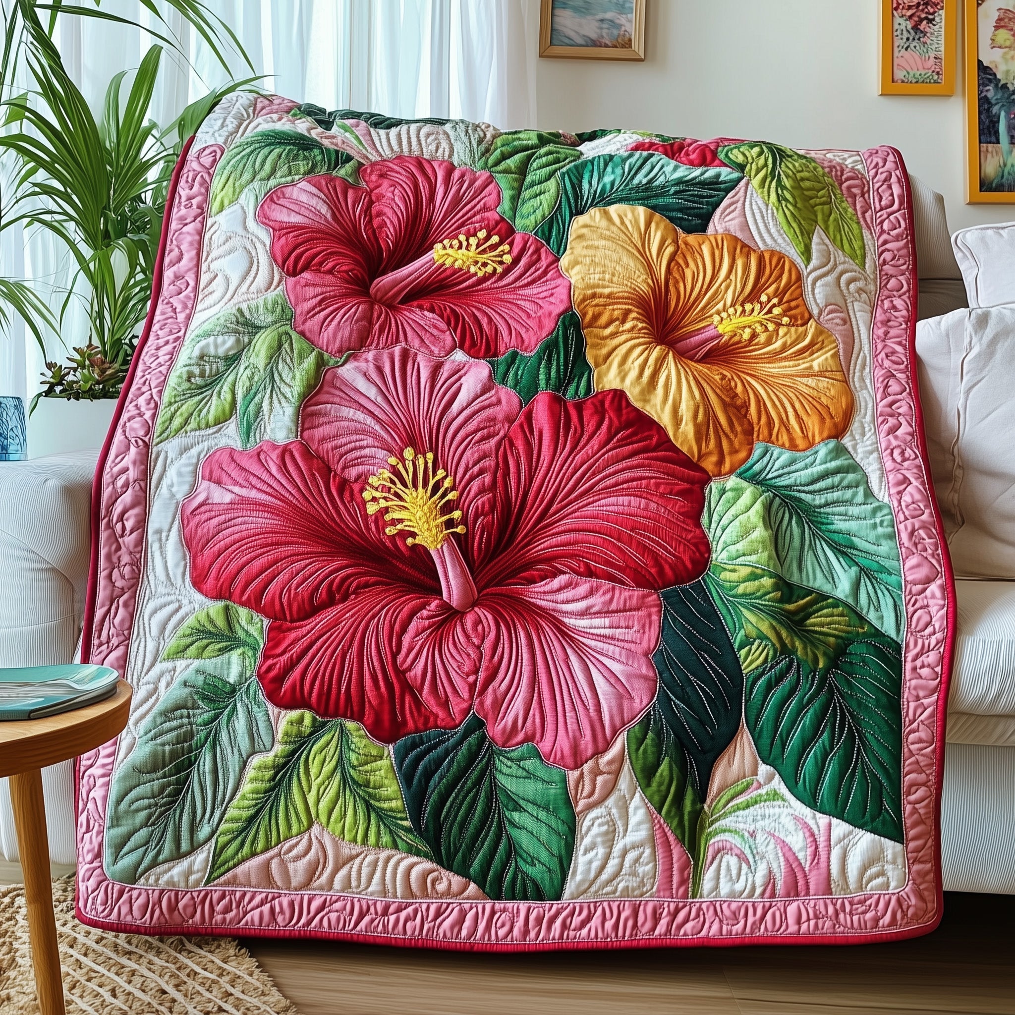 Hibiscus Charm Quilted Blanket Cute Bed BlanketFamily Xmas Gift Exchange Ideas