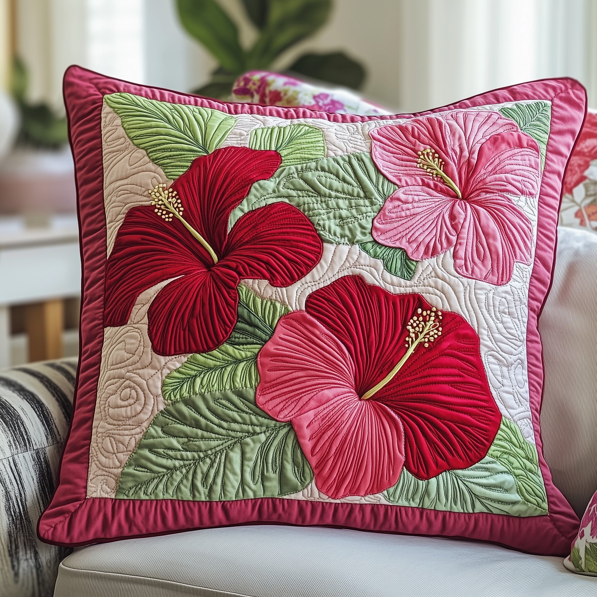 Hibiscus Charm Quilted Pillow Case Decorative Pillow Cover MerchBest Christmas Gifts For Grandma