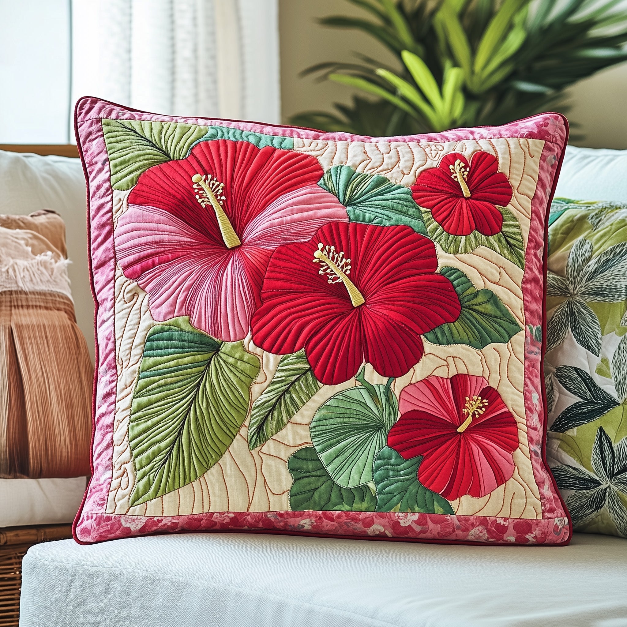 Hibiscus Charm Quilted Pillow Case Decorative Pillow Cover MerchChristmas Gift For Grandma