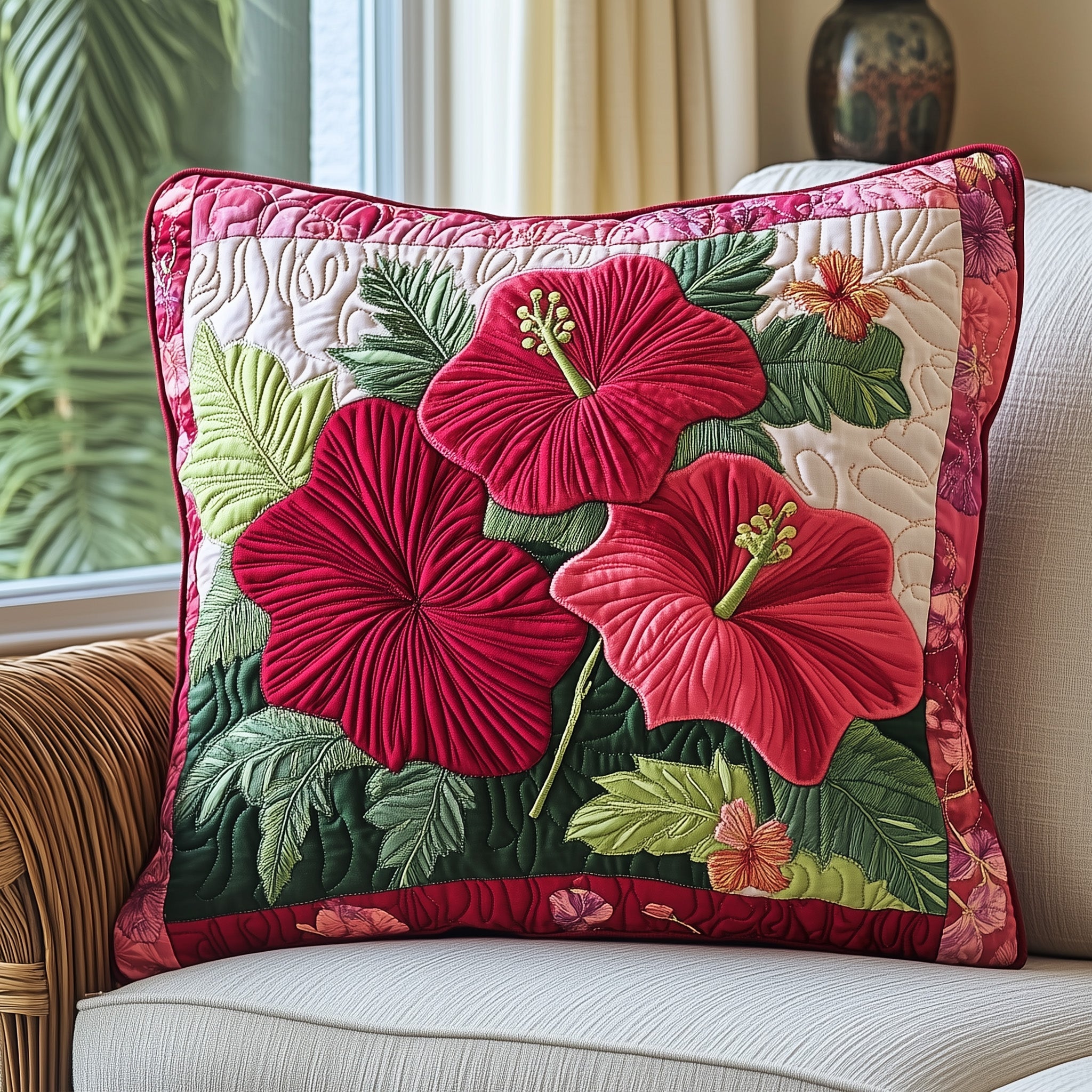 Hibiscus Charm Quilted Pillow Case Decorative Pillow Cover MerchGrandma Grandpa Christmas Gifts
