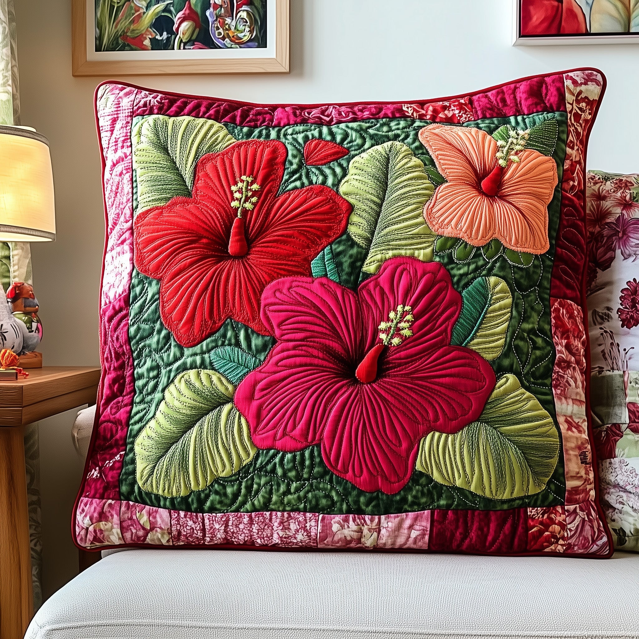 Hibiscus Charm Quilted Pillow Case Decorative Pillow Cover MerchGrandparent Christmas Present Ideas