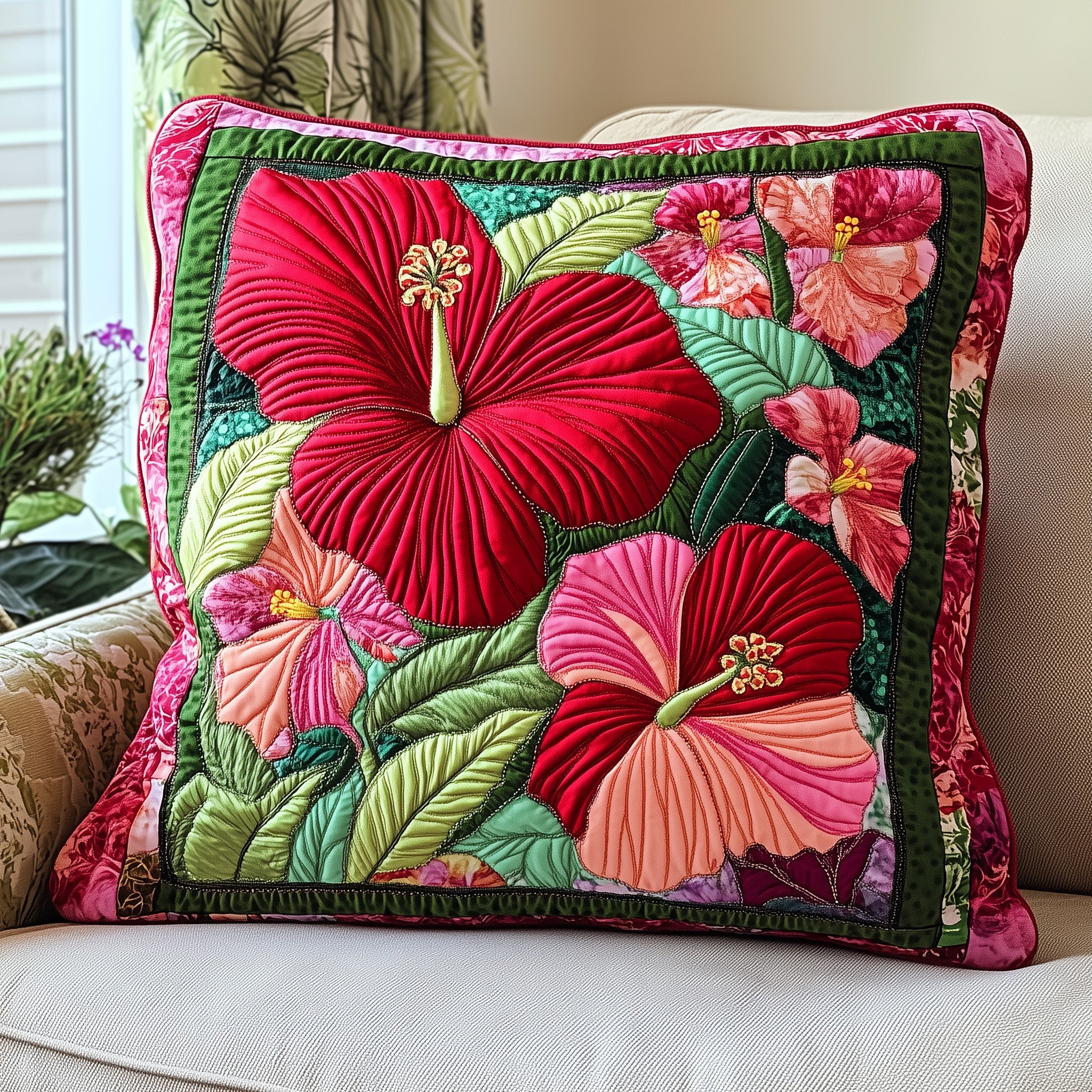 Hibiscus Charm Quilted Pillow Case Decorative Pillow Cover MerchGrandparent Xmas Presents