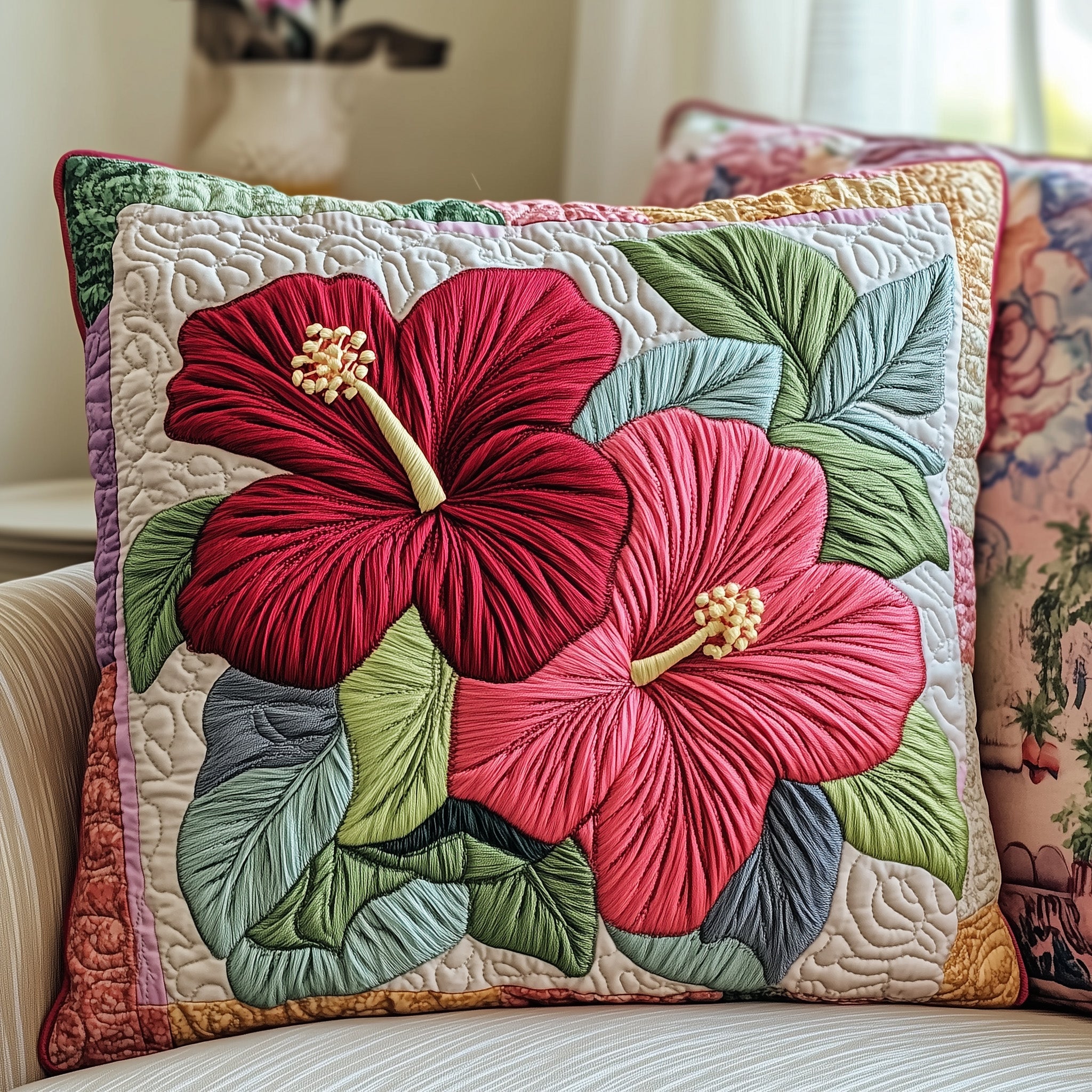 Hibiscus Charm Quilted Pillow Case Decorative Pillow Cover MerchGreat Gift Ideas For Grandma