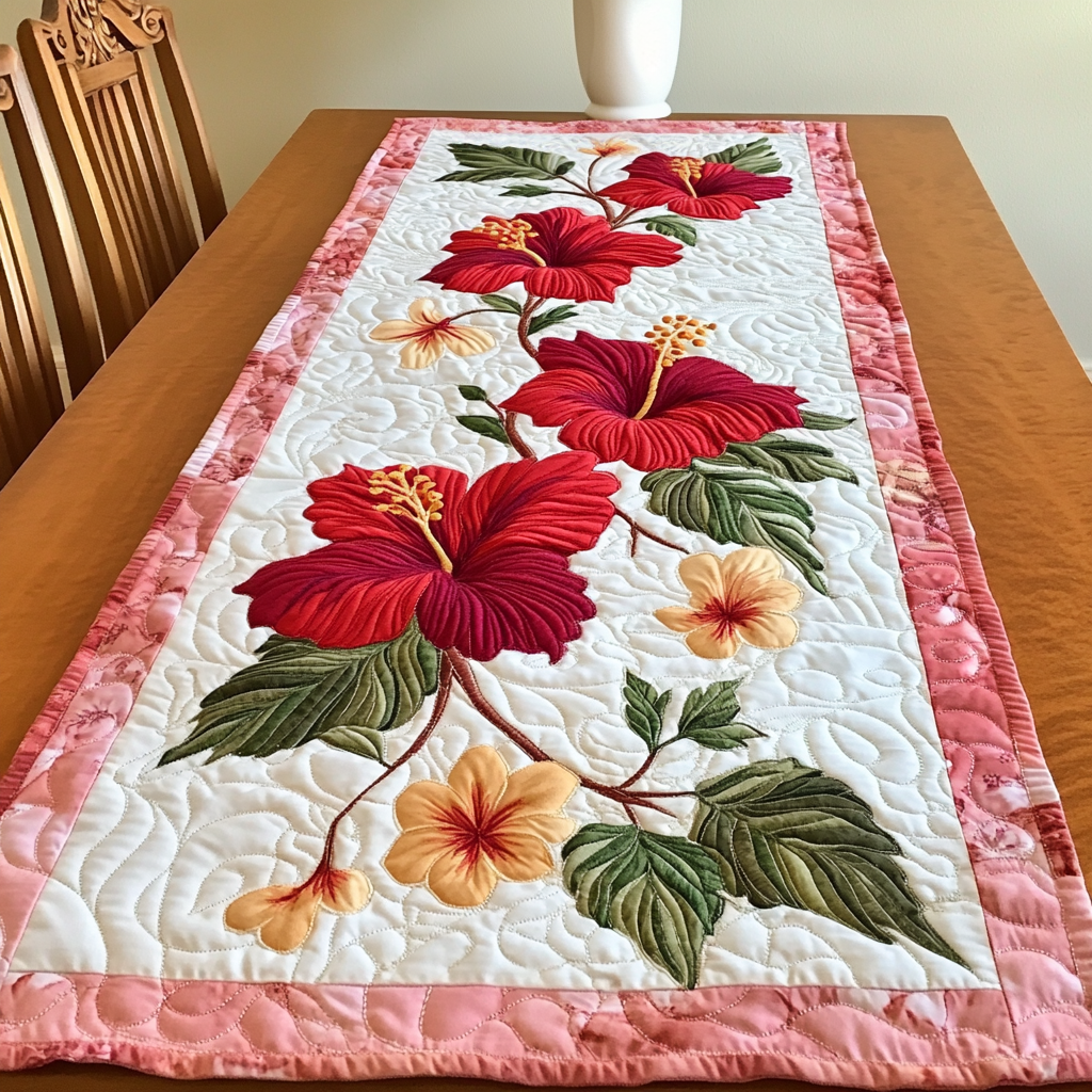 Hibiscus Charm Quilted Table Runner Floral Table Cover Family Presents