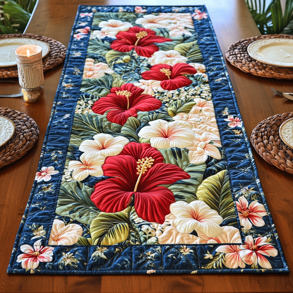 Hibiscus Charm Quilted Table Runner Floral Table Cover Great Family Gifts