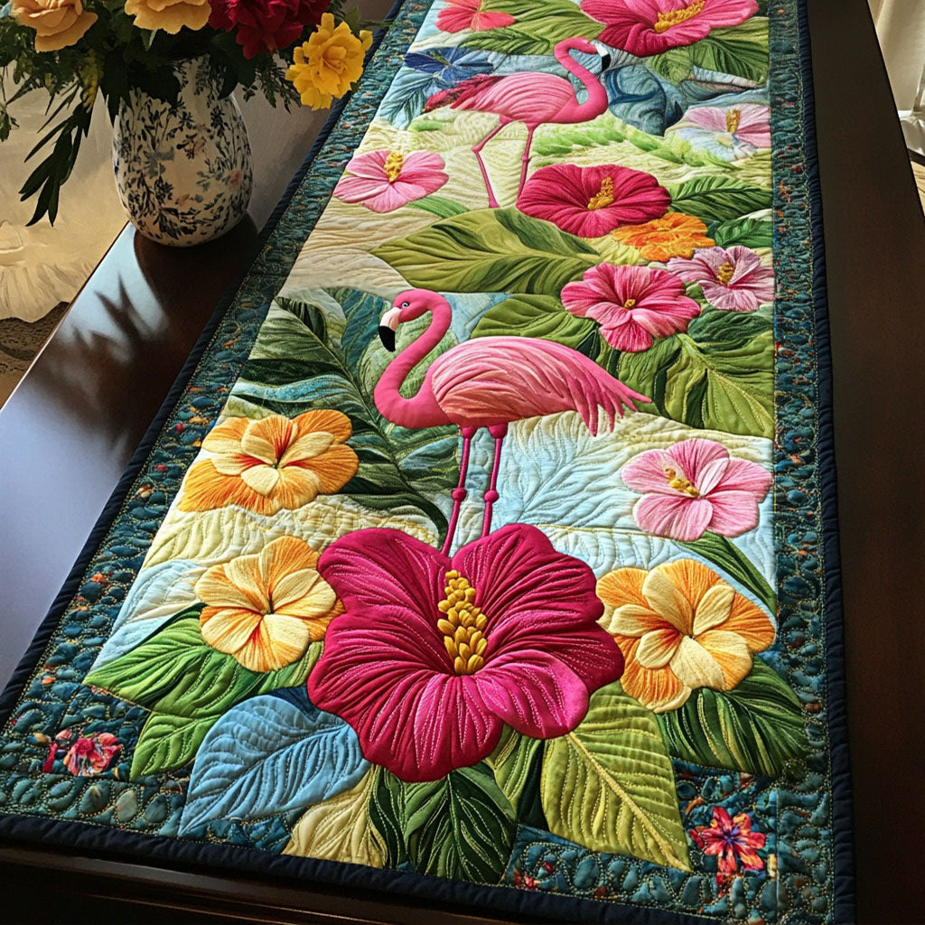 Hibiscus Flamingo Dream Quilted Table Runner Dining Table Decor Flamingo Based Gifts