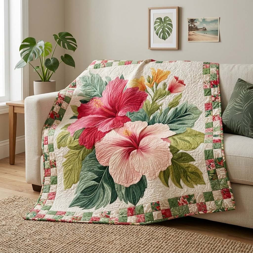 Hibiscus Flower Tropical Quilted Blanket Island Floral Decor Best Gift For Beach Lover