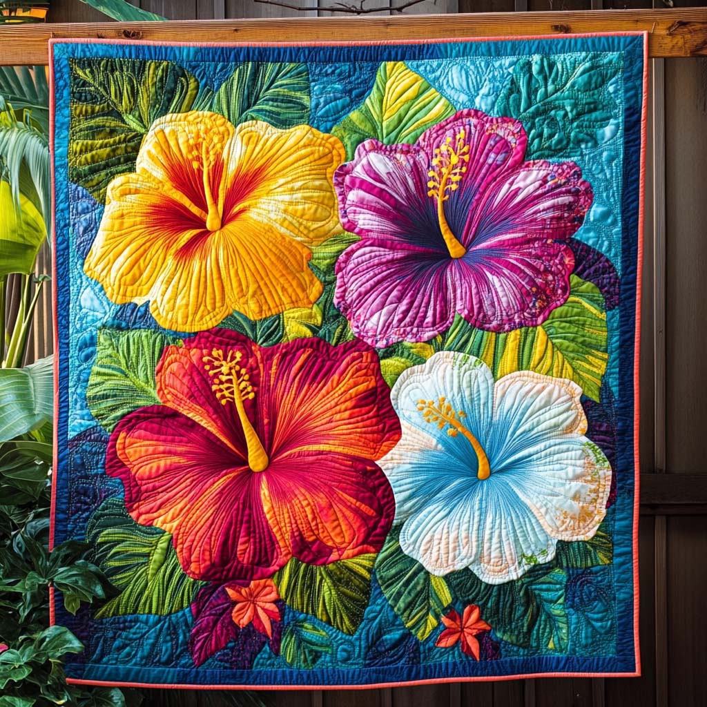 Hibiscus Harmony Quilted Blanket Christmas Gift Blanket
