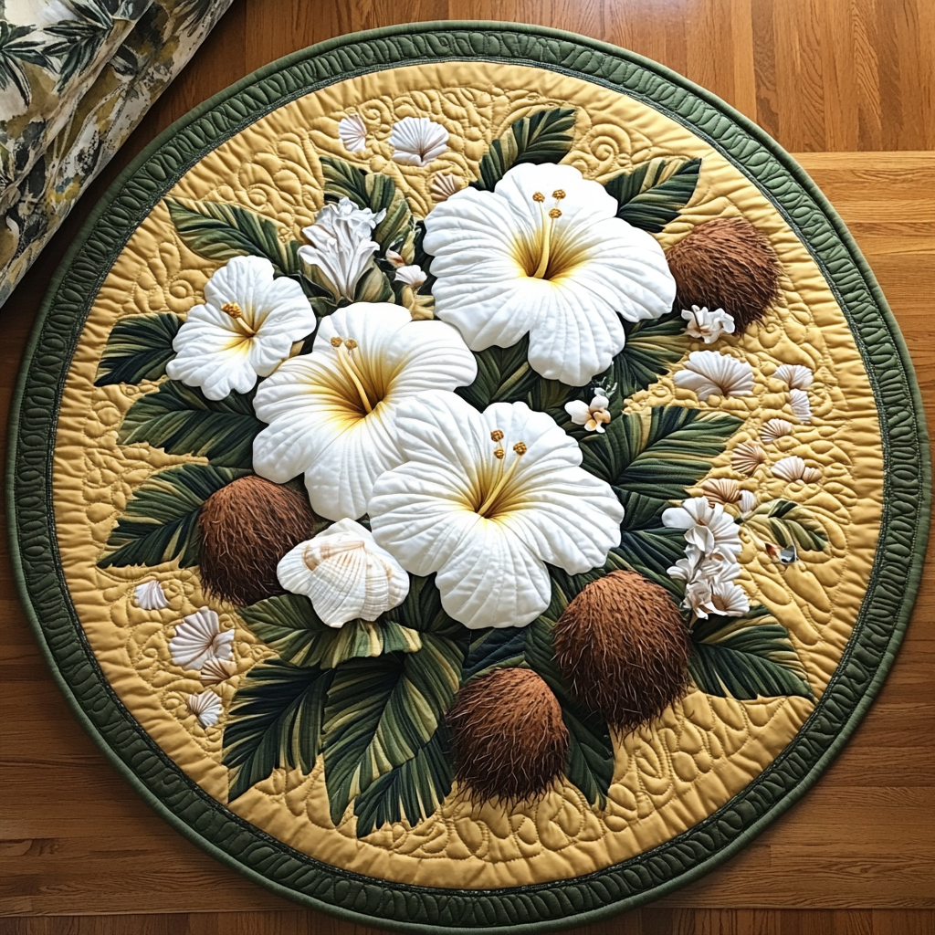 Hibiscus Harmony Quilted Round Mat Door Entrance Decor Beach Housewarming Gifts