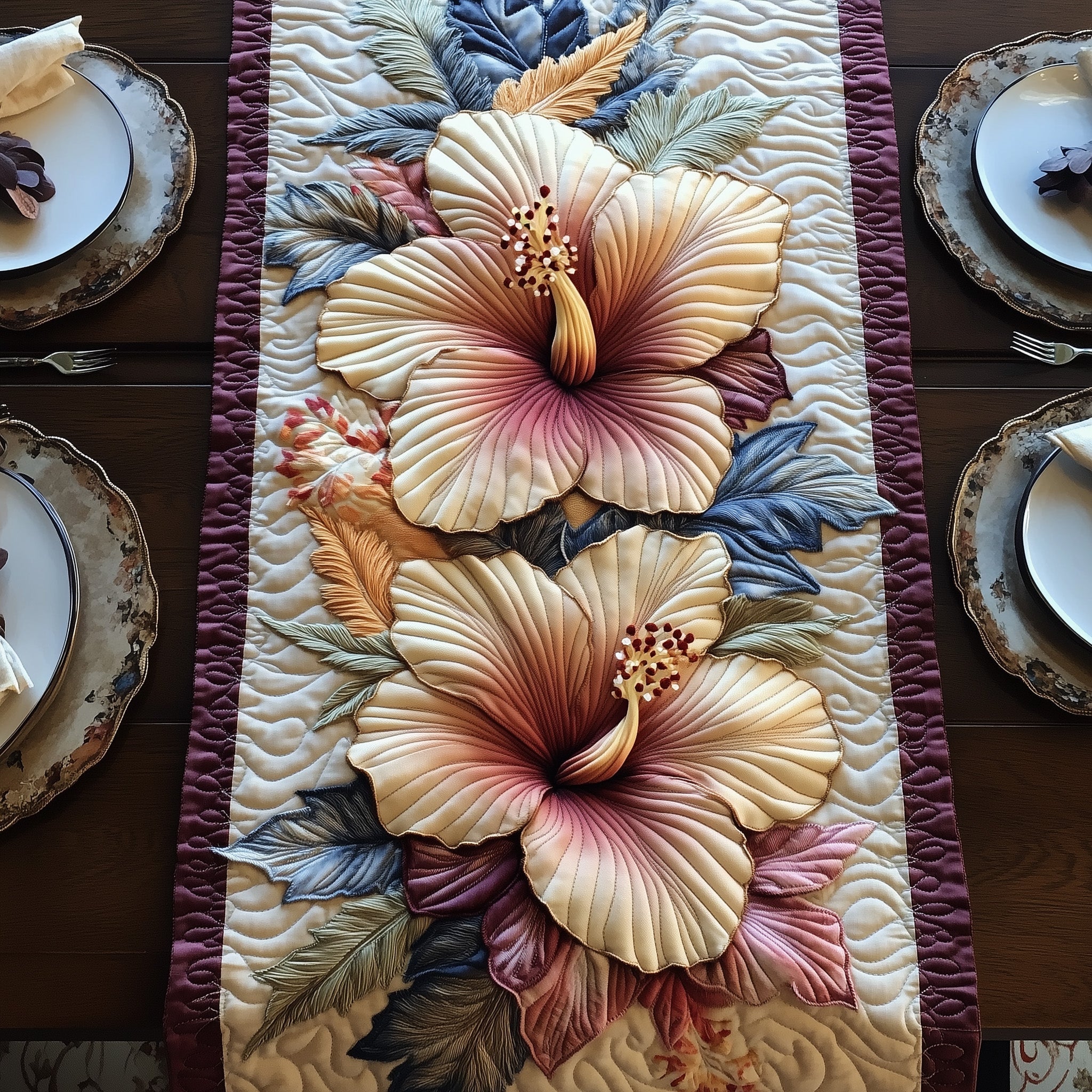 Hibiscus Harmony Quilted Table Runner Christmas Table Runner for Family Meals