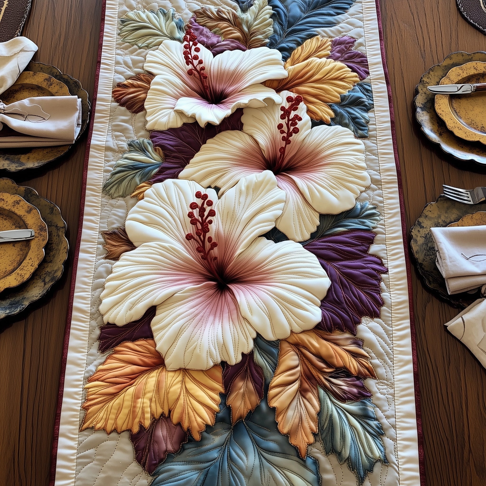 Hibiscus Harmony Quilted Table Runner Holiday Table Runner for Kitchen Decor