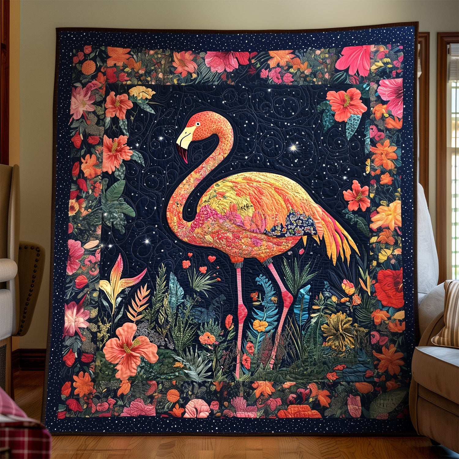 Hibiscus Haven Quilted Blanket Gifts For Flamingo Lovers