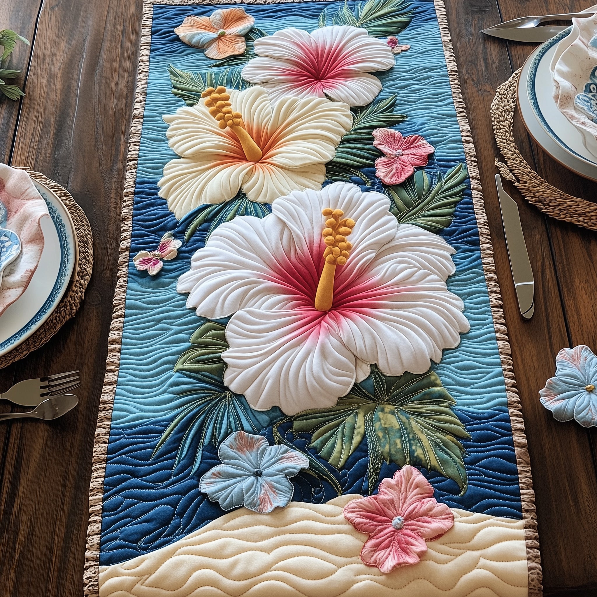 Hibiscus Haven Quilted Table Runner Christmas Dining Table Runner