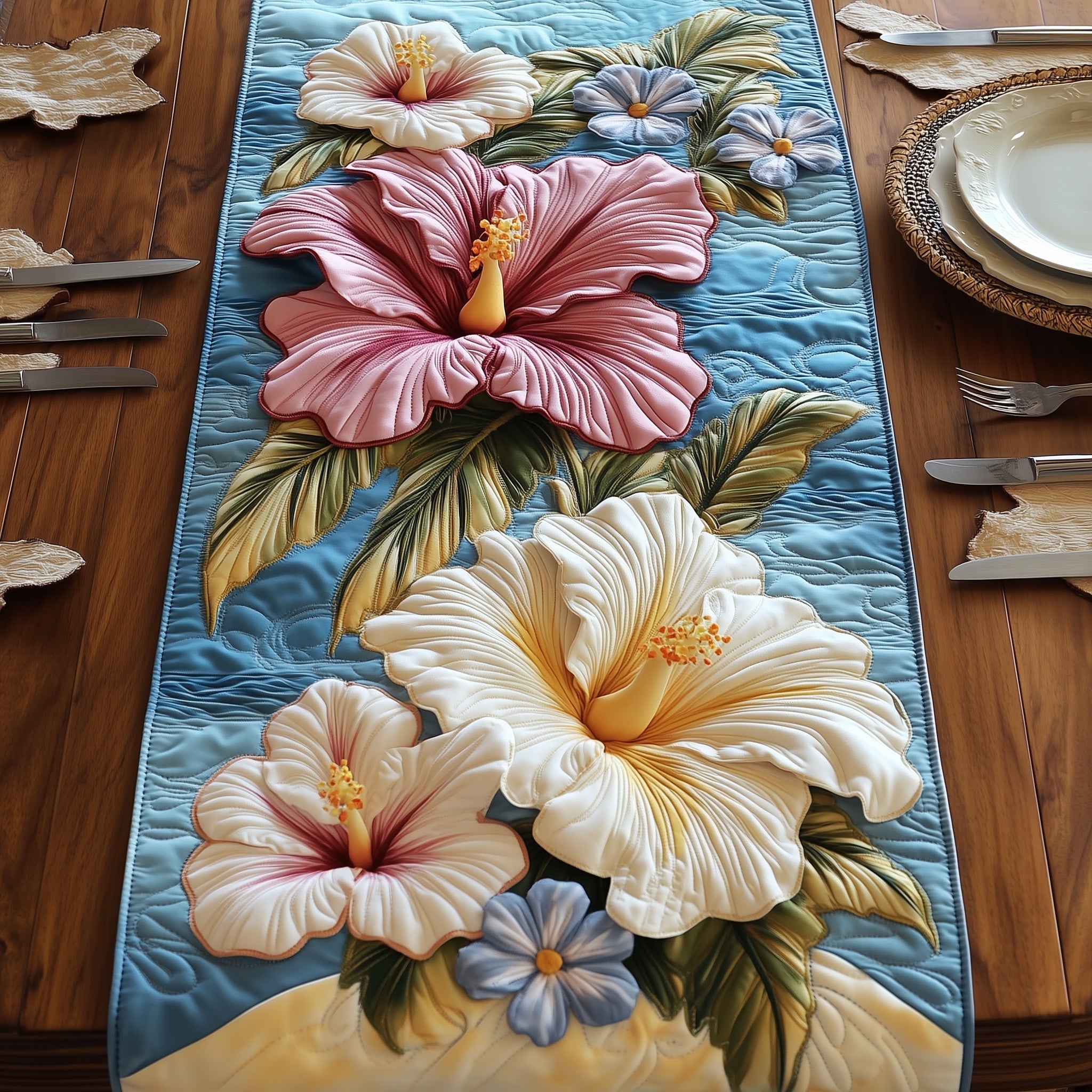 Hibiscus Haven Quilted Table Runner Christmas Table Runner Decoration