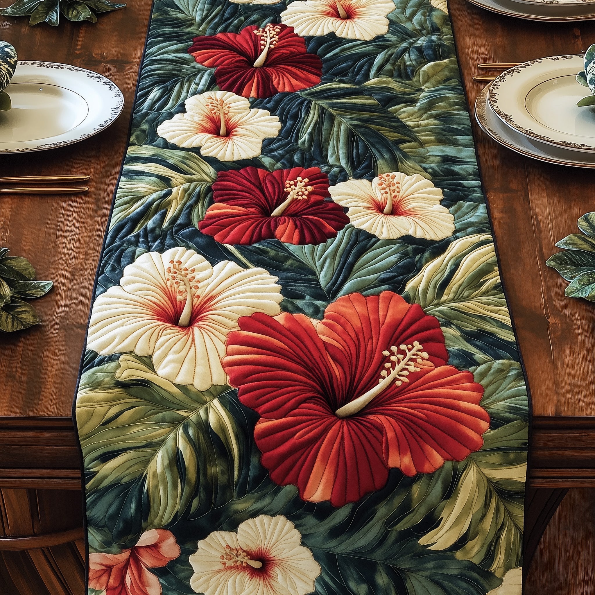 Hibiscus Haven Quilted Table Runner Elegant Christmas Table Runner