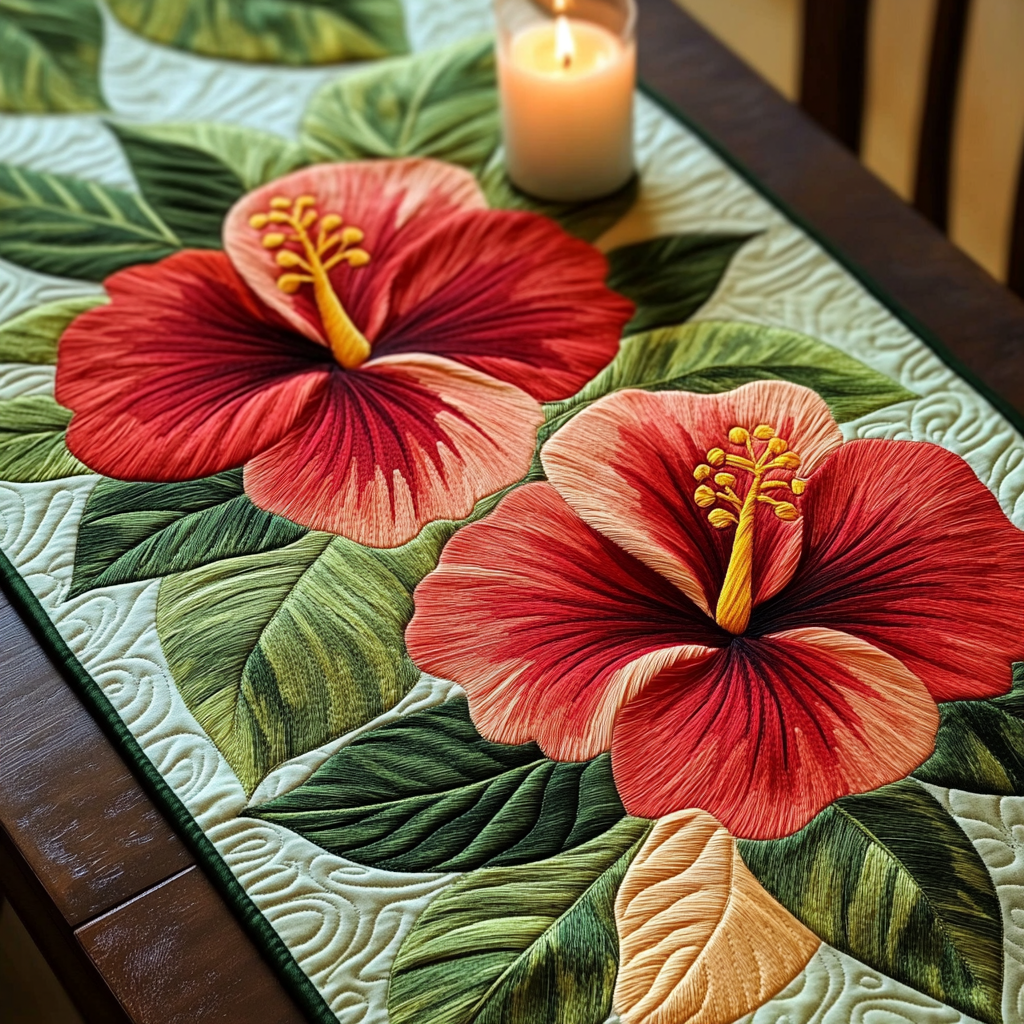 Hibiscus Haven Quilted Table Runner Floral Table Cover Unique Gifts For Family