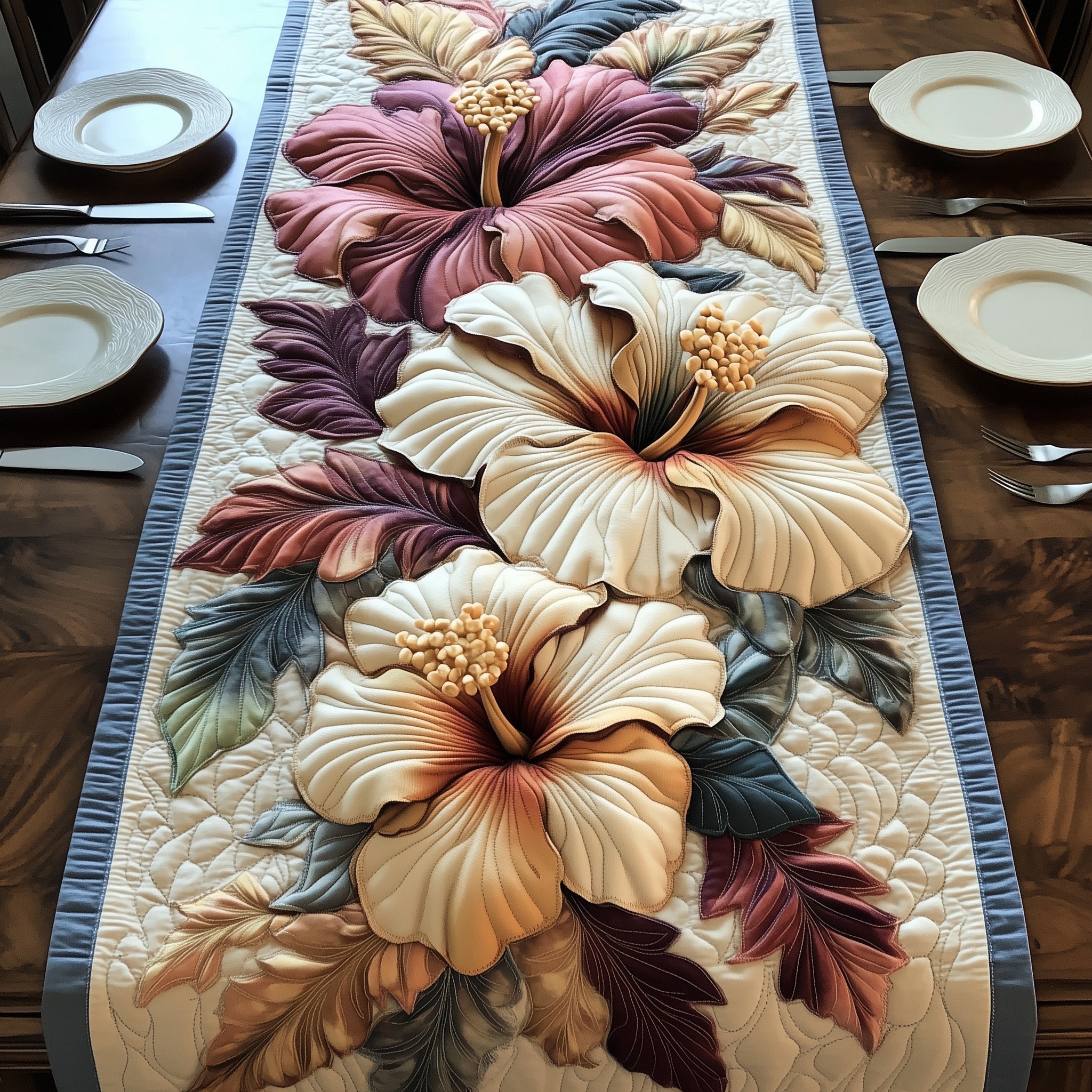 Hibiscus Haven Quilted Table Runner Holiday Party Table Runner