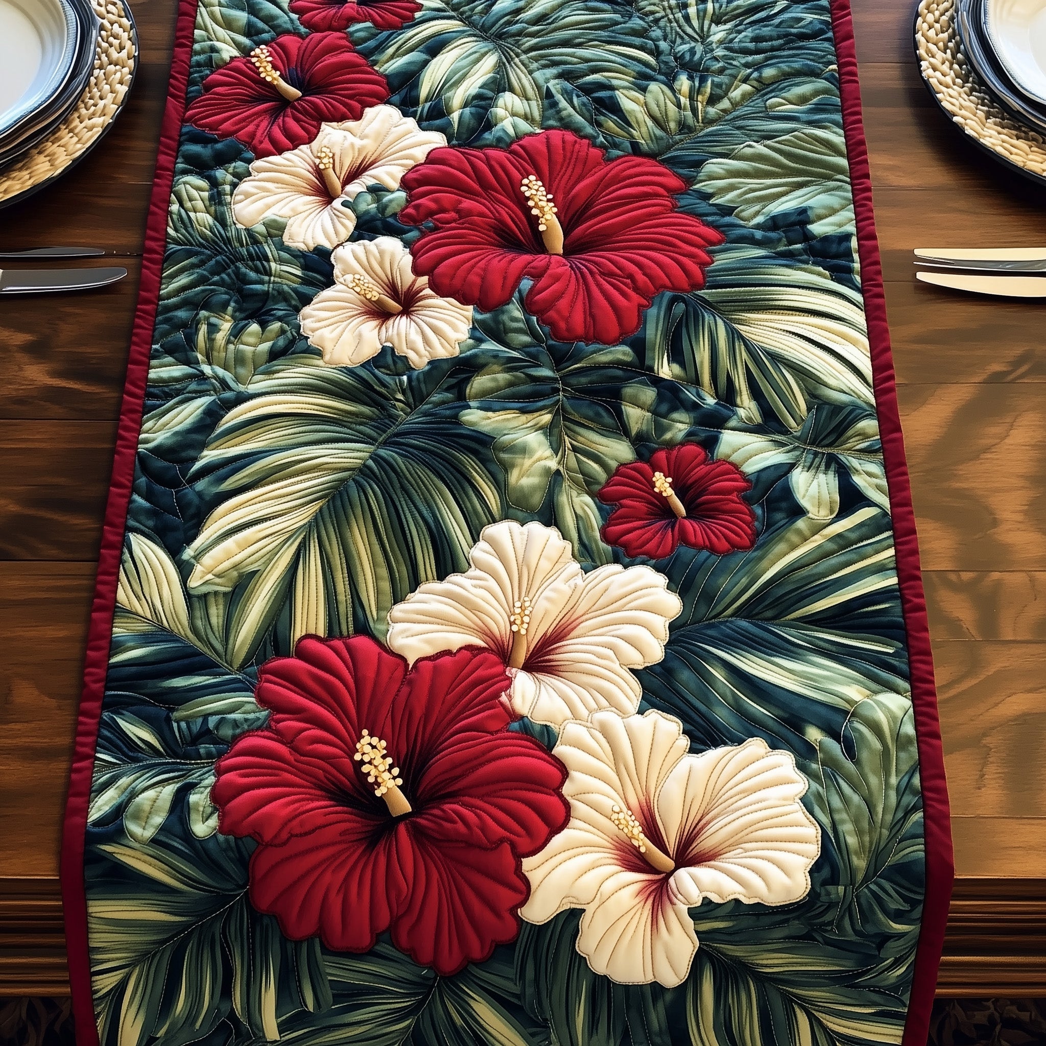 Hibiscus Haven Quilted Table Runner Seasonal Table Runner for Holidays