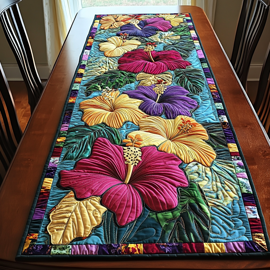Hibiscus Haven Quilted Table Runner Tropical Kitchen Decor Gifts For Family