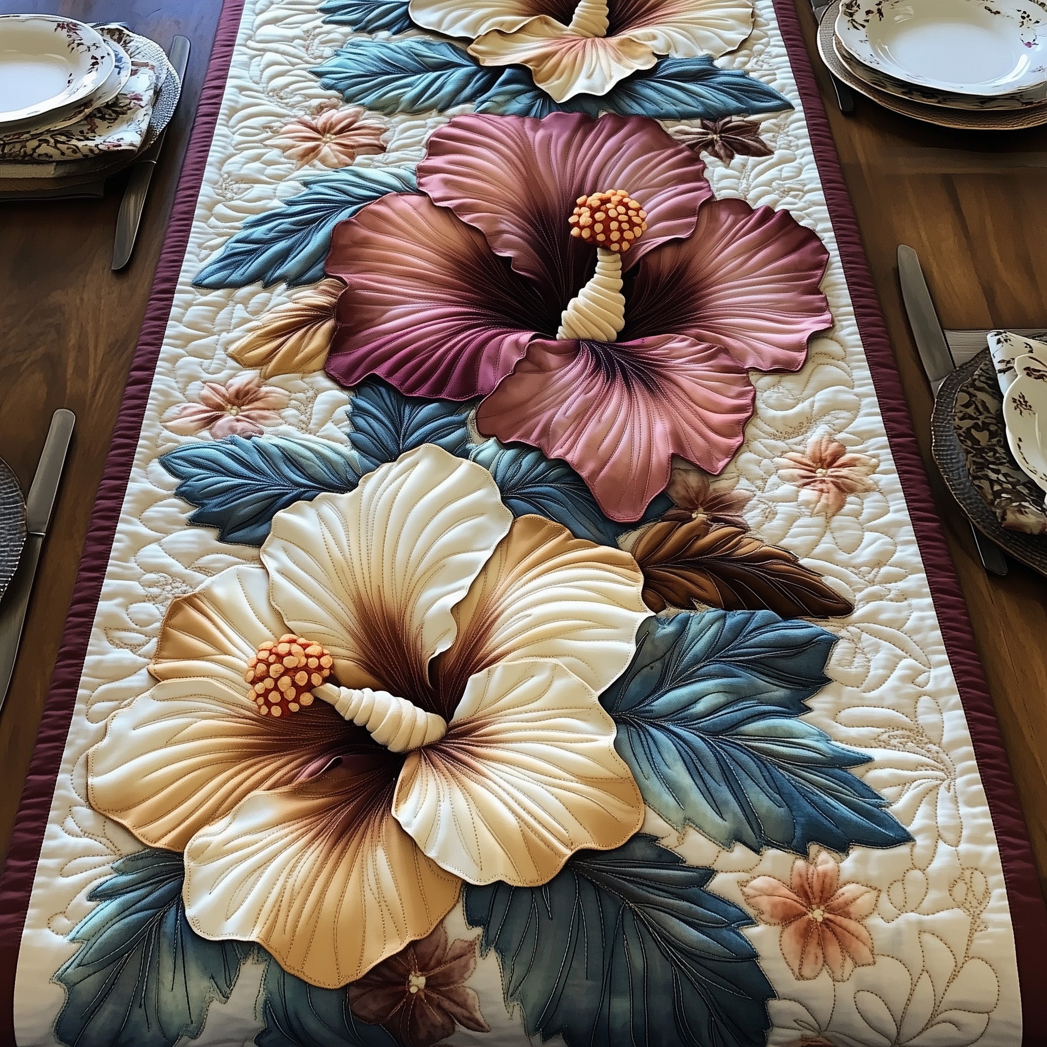 Hibiscus Haven Quilted Table Runner Winter Table Runner