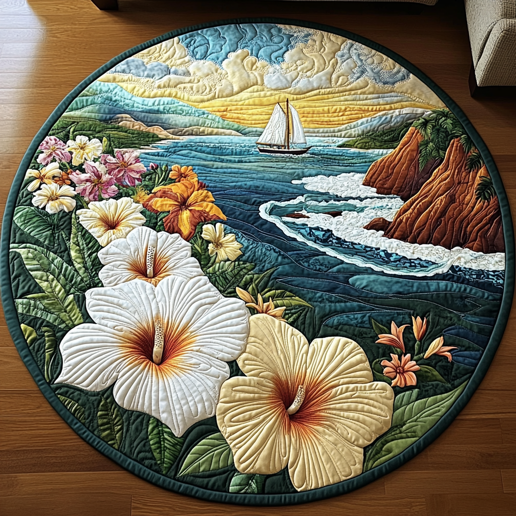 Hibiscus Island Escape Quilted Round Mat Entryway Ideas Beach Gifts For Women