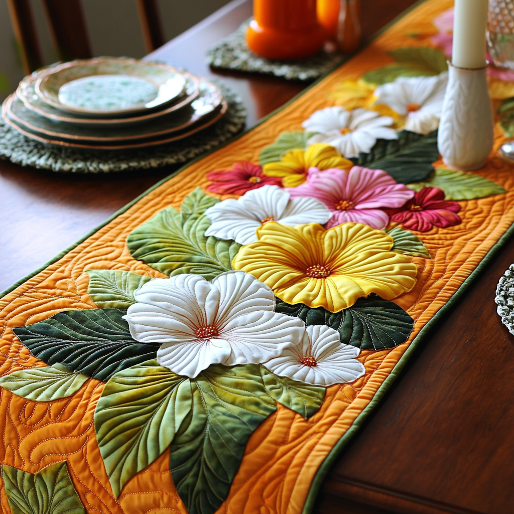 Hibiscus Island Quilted Table Runner Floral Table Cover Best Friend Gifts