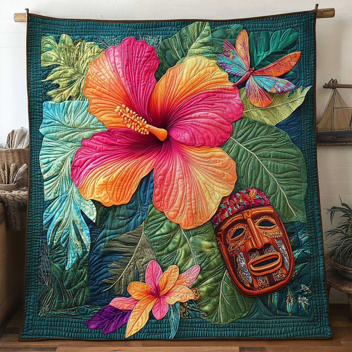 Hibiscus Jungle Dream Quilted Blanket Queen Size Blanket Xmas Gifts For Aunts And Uncles