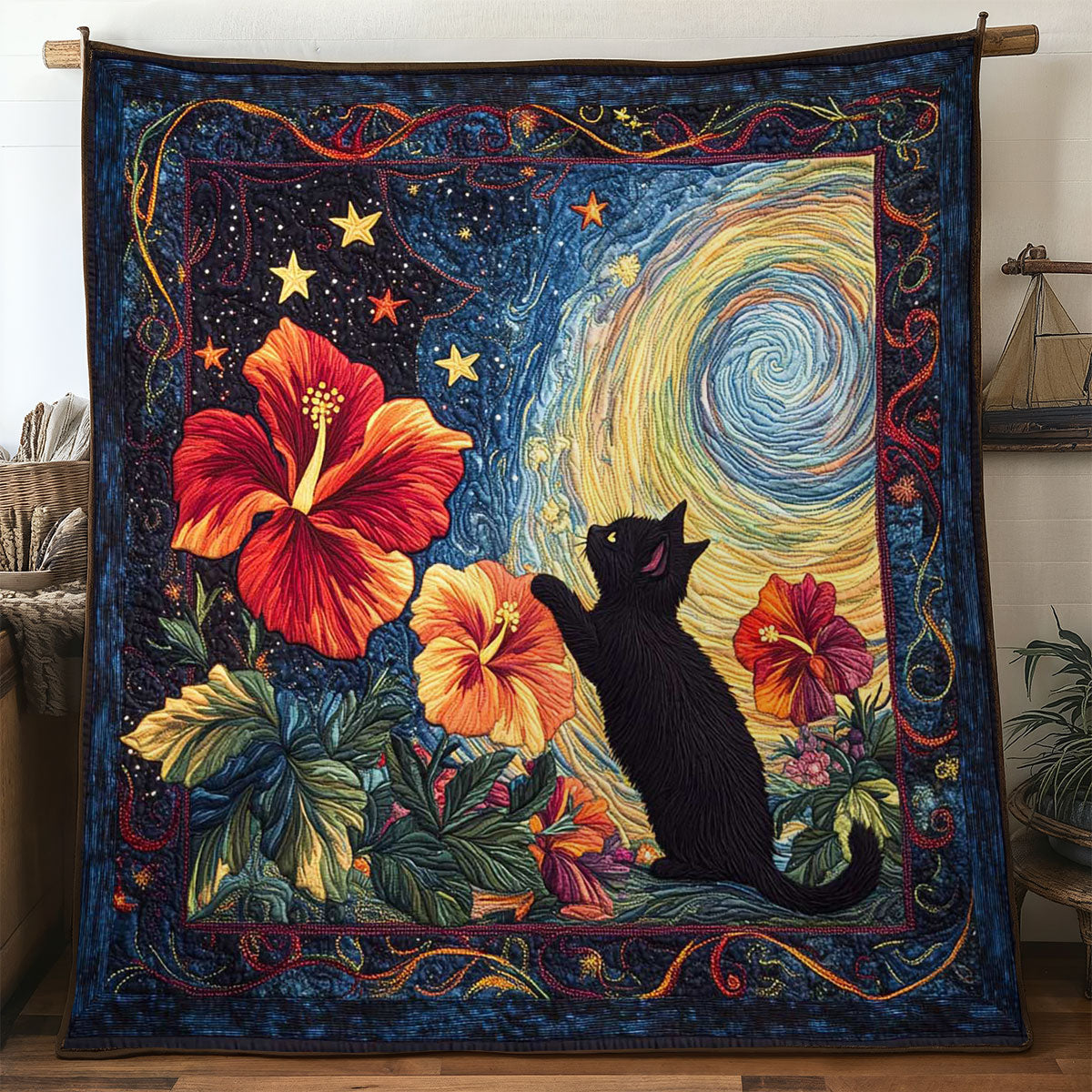 Hibiscus Moon Cat Quilt Premium Quilt Blanket for Family and Guests