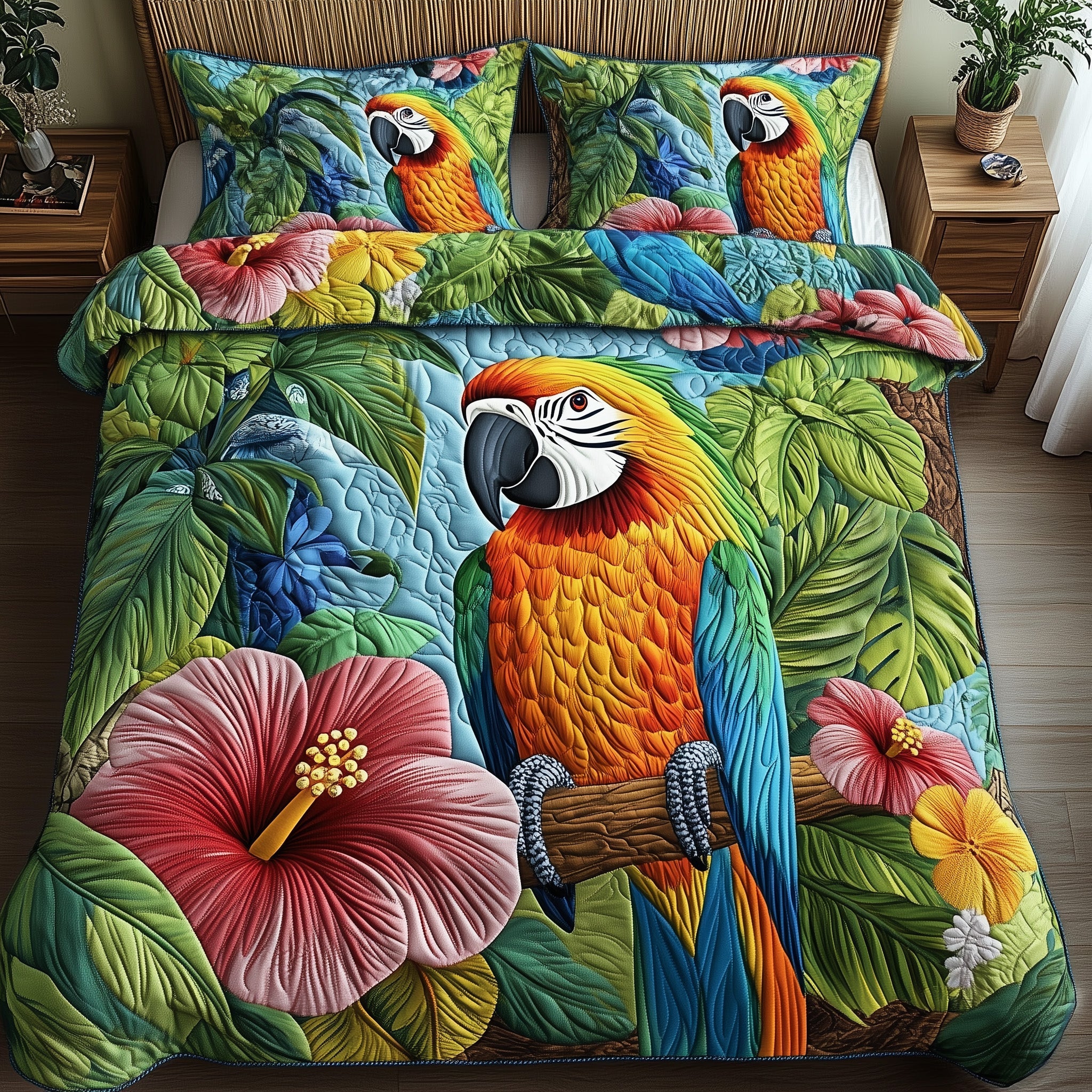 Hibiscus Parrot Quilted Bedding Set Duvet Cover Merchandise Gifts For Parrot Lovers