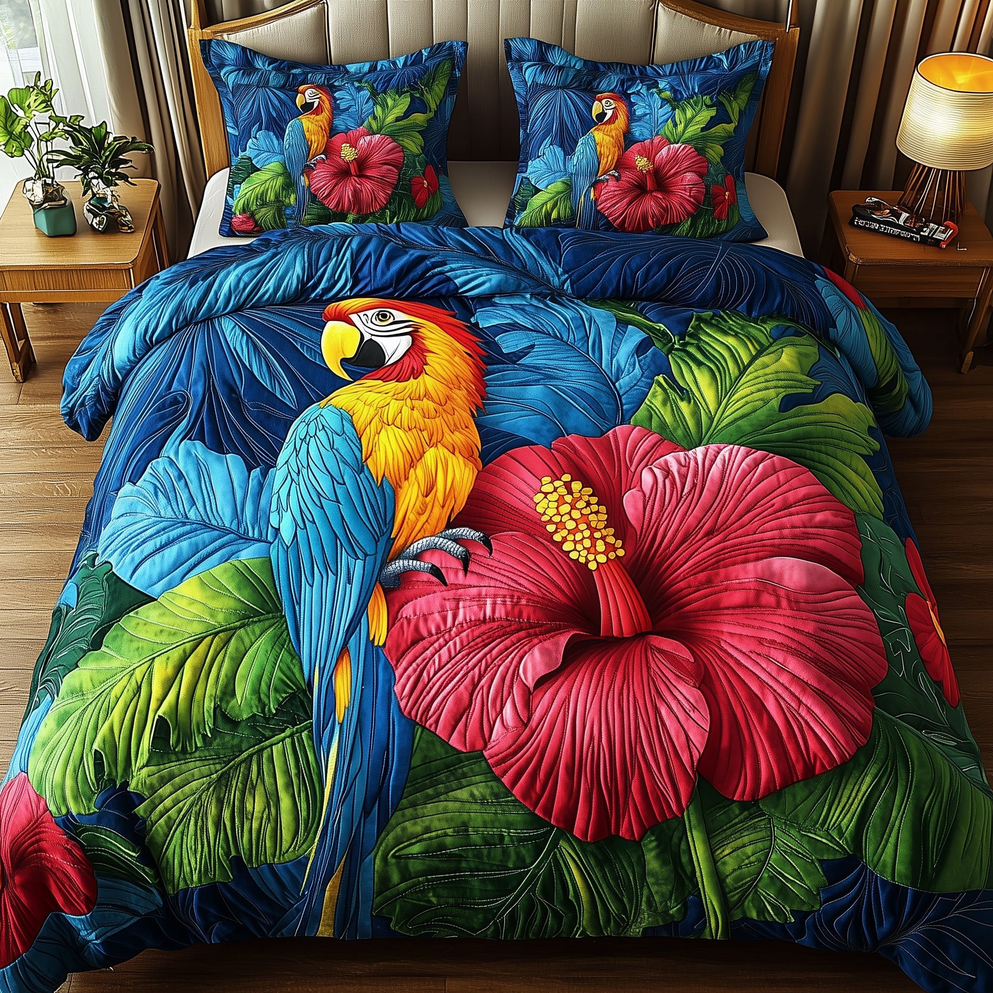 Hibiscus Parrot Quilted Bedding Set Duvet Cover Merchandise Parrot Gift Ideas Christmas