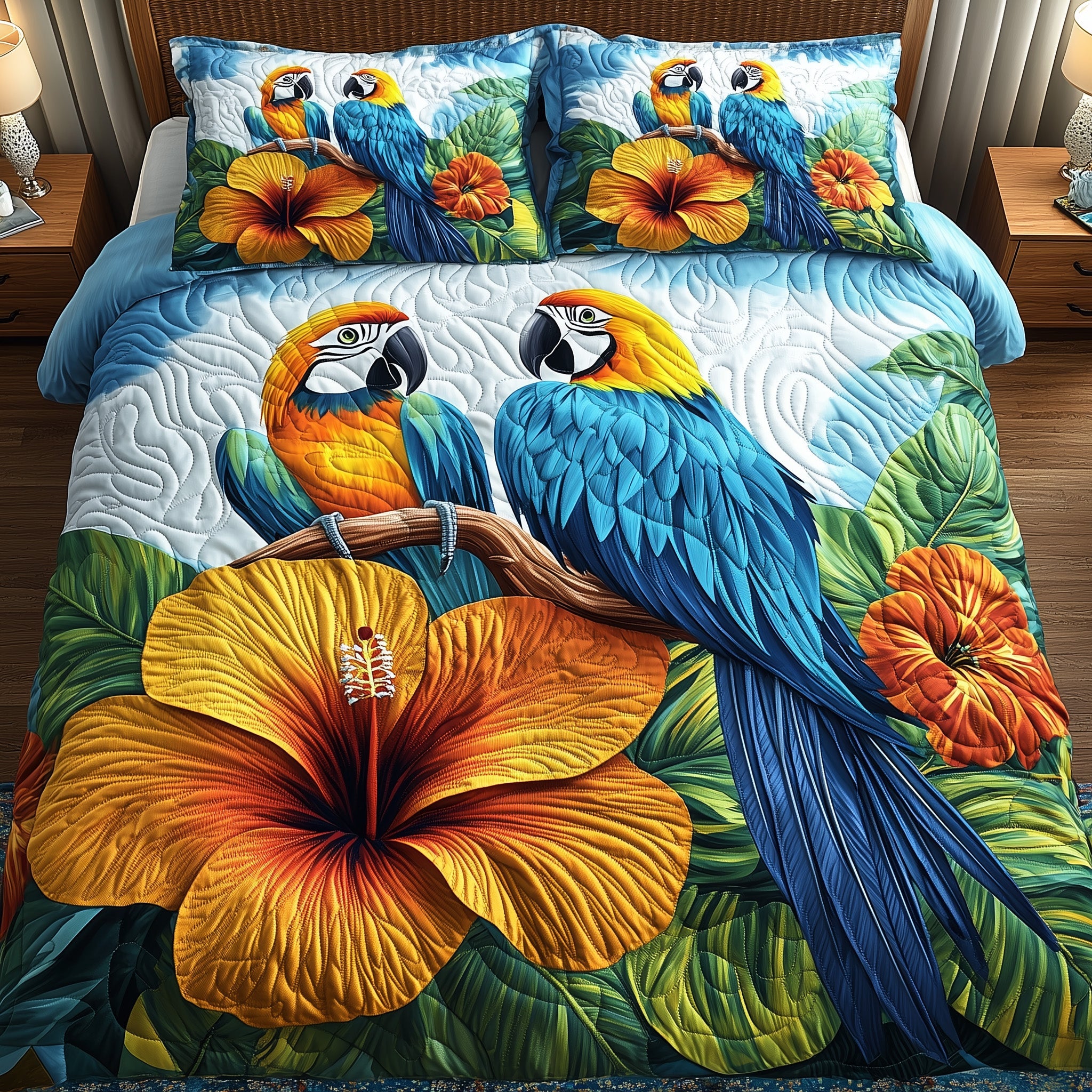 Hibiscus Parrot Quilted Bedding Set Duvet Cover Merchandise Parrot Gift Ideas For Him
