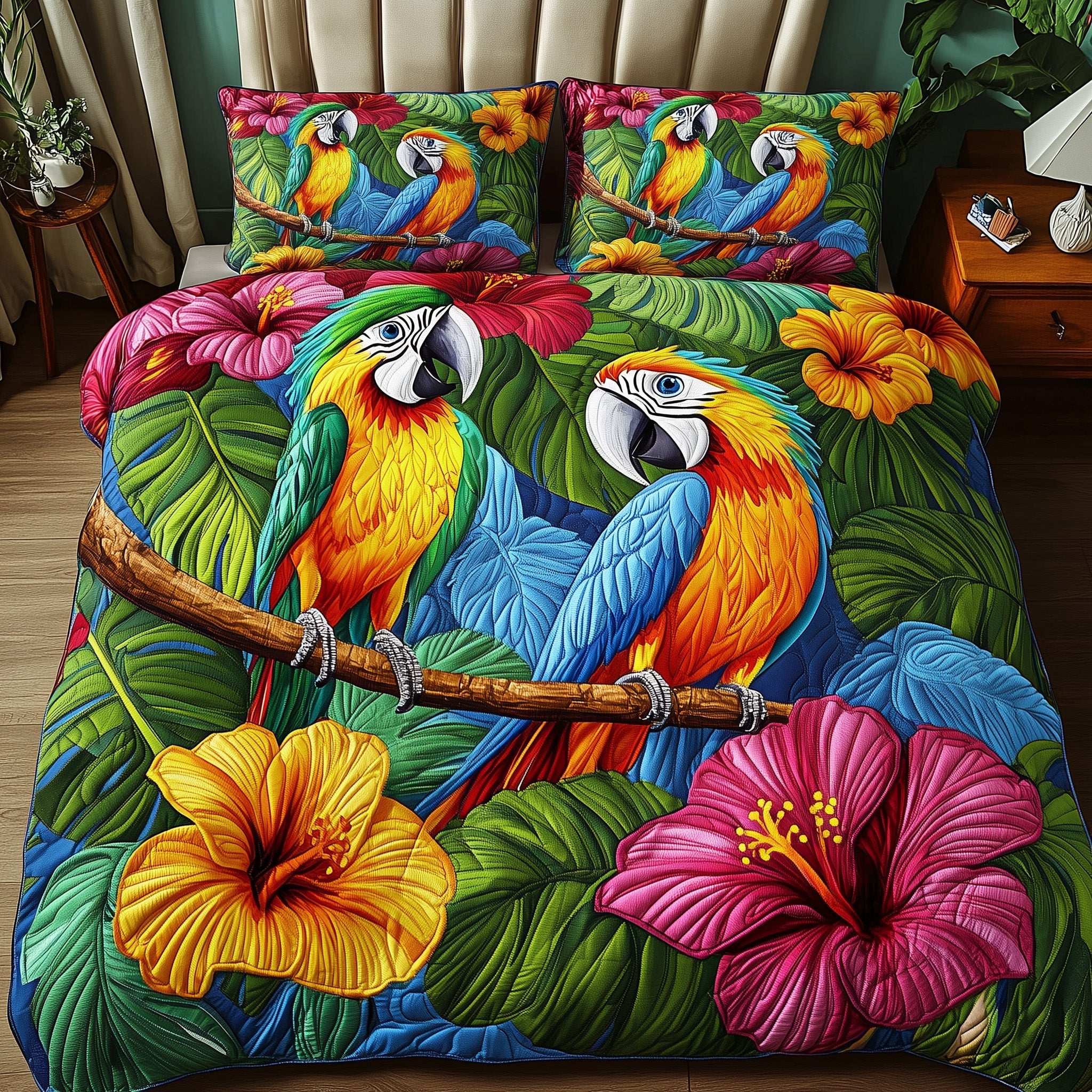 Hibiscus Parrot Quilted Bedding Set Duvet Cover Merchandise Parrot Gifts Online