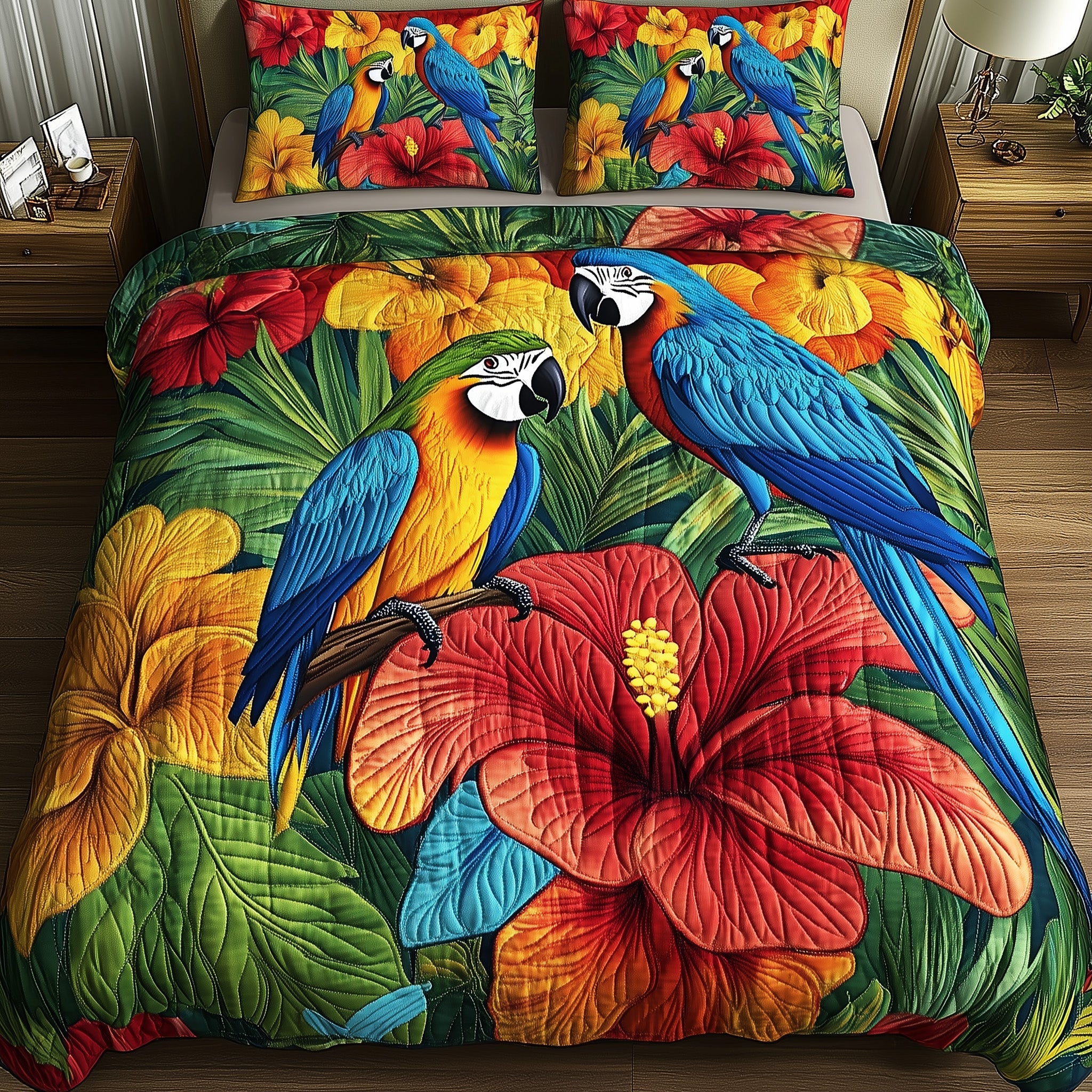 Hibiscus Parrot Quilted Bedding Set Duvet Cover Merchandise Parrot Gifts Presents