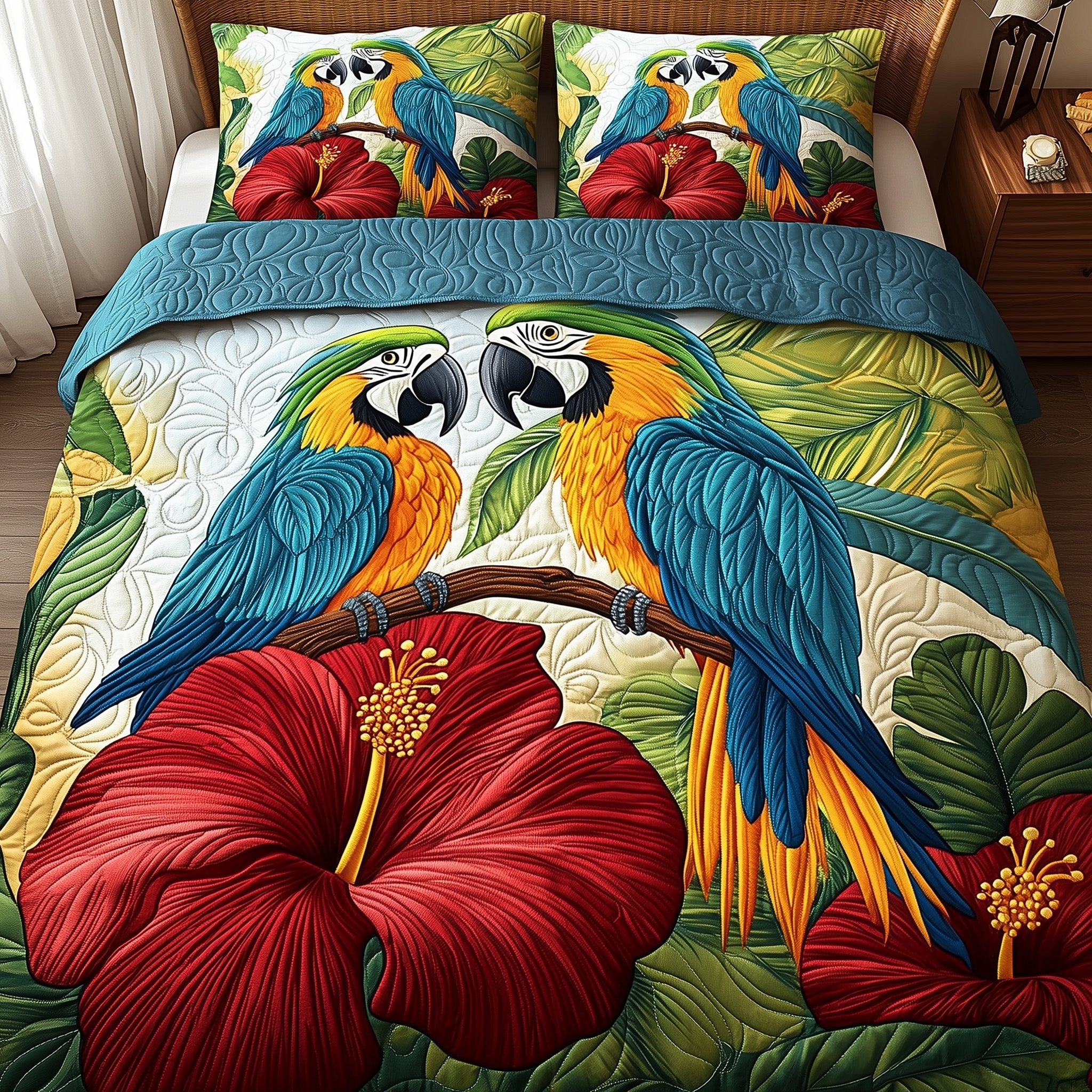Hibiscus Parrot Quilted Bedding Set Duvet Cover Merchandise Parrot Presents Christmas