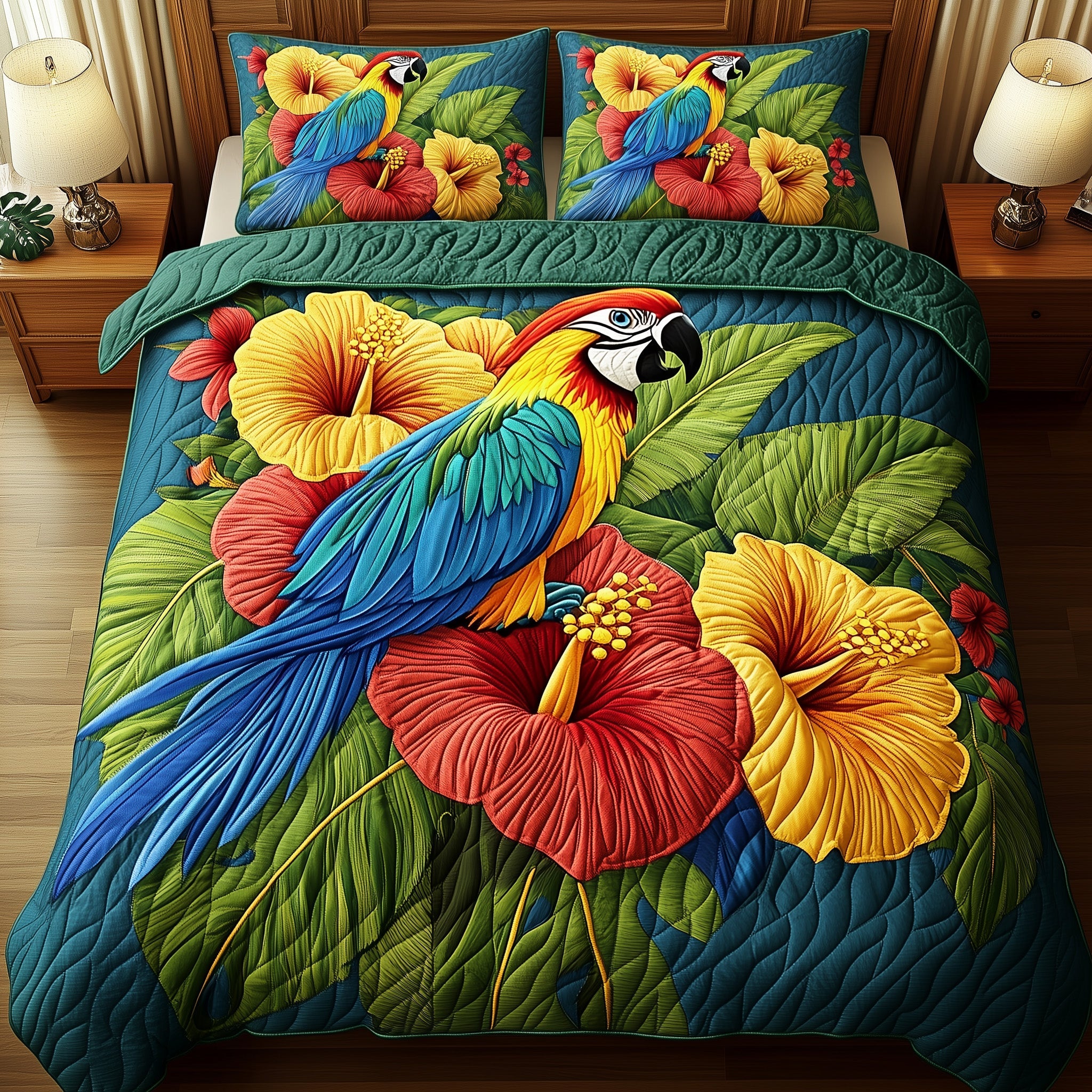 Hibiscus Parrot Quilted Bedding Set Duvet Cover Merchandise Parrot Themed Gifts