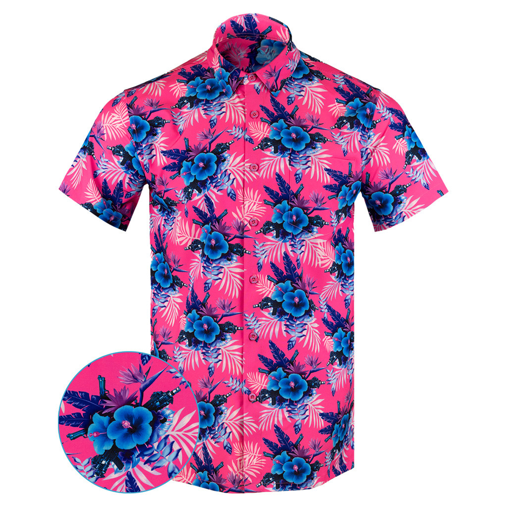 Hibiscus Pink Button Down Shirt Tactical Tropical Print Shirt Gifts For Gun Lovers Hibiscus Pink Button Down Shirt Tactical Tropical Print Shirt Gifts For Gun Lovers
