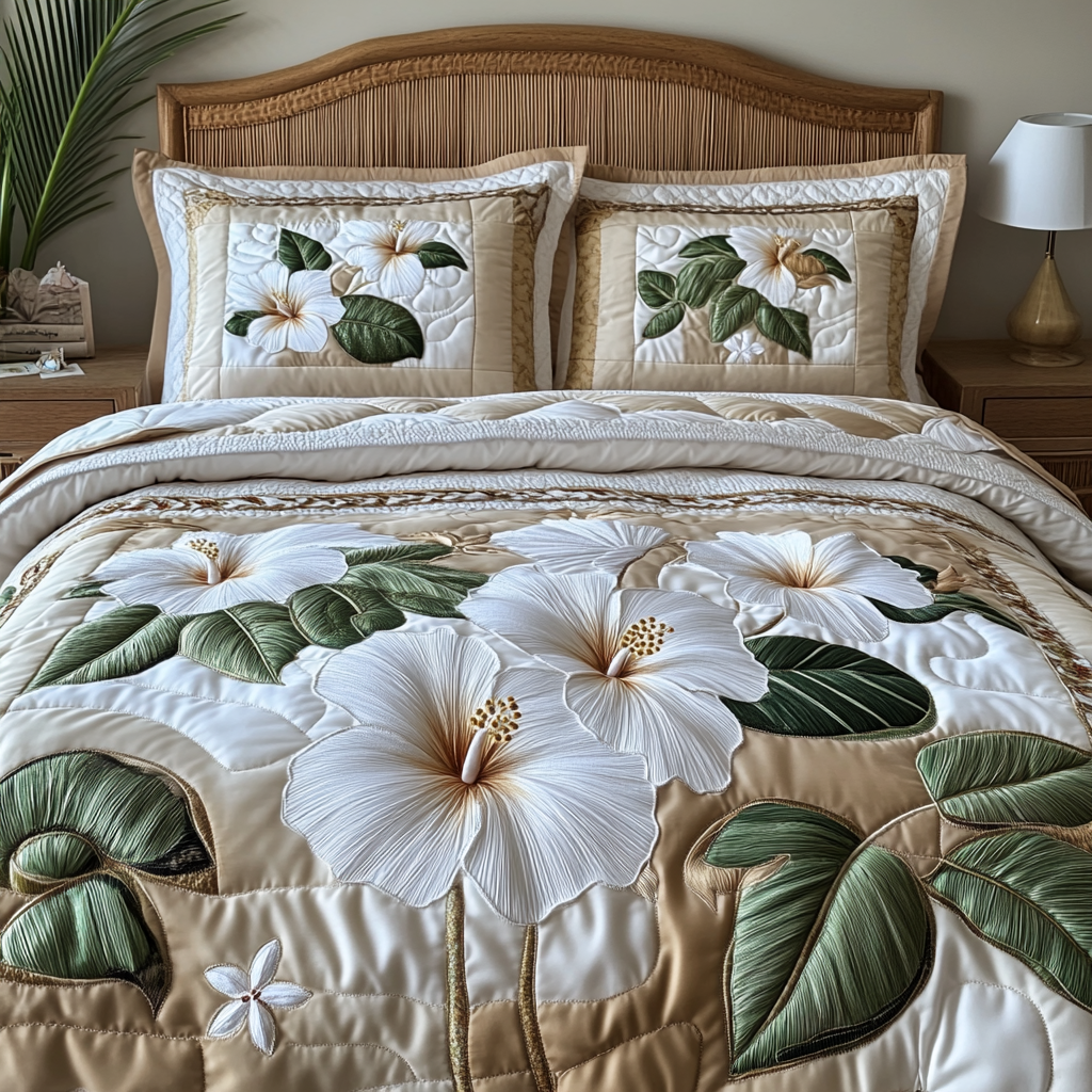 Hibiscus Quilted Bedding Set Cozy Bedroom Decor Cool Family Gifts For Christmas