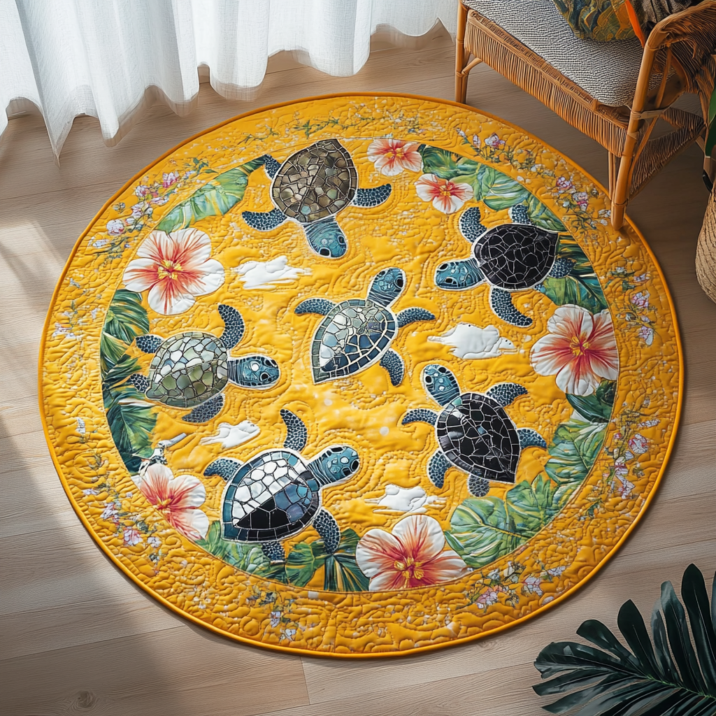 Hibiscus Quilted Round Mat Entryway Decor Sea Turtle Gifts For Her