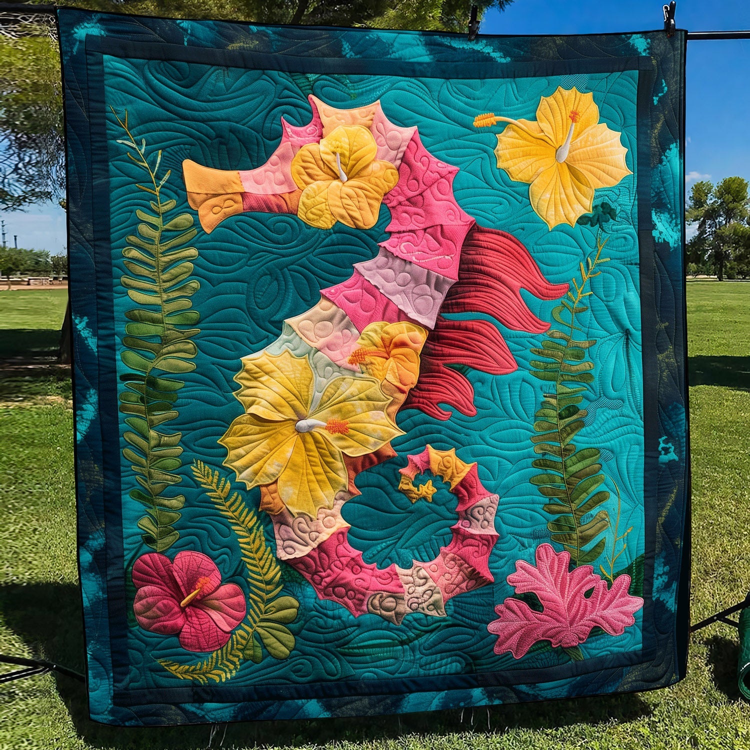 Hibiscus Seahorse Quilted Blanket Christmas Plush Blanket