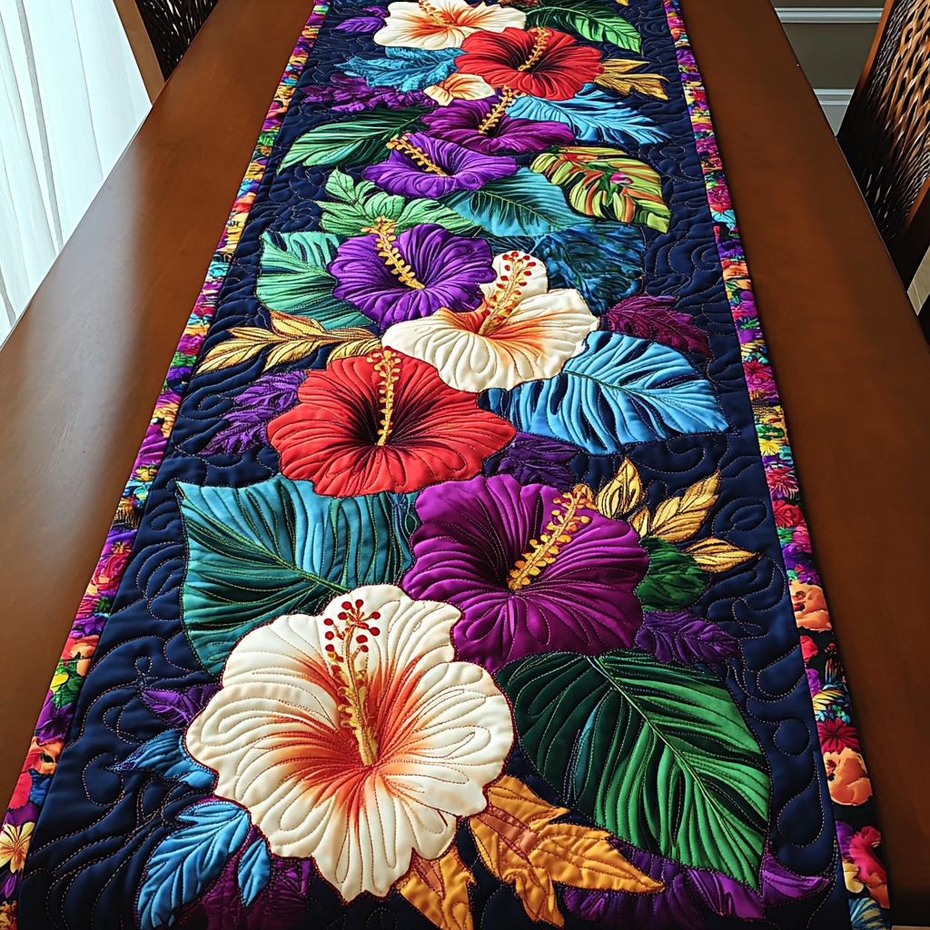 Hibiscus Serenity Quilted Table Runner Tropical Themed Kitchen Decor Unique Gifts For Family