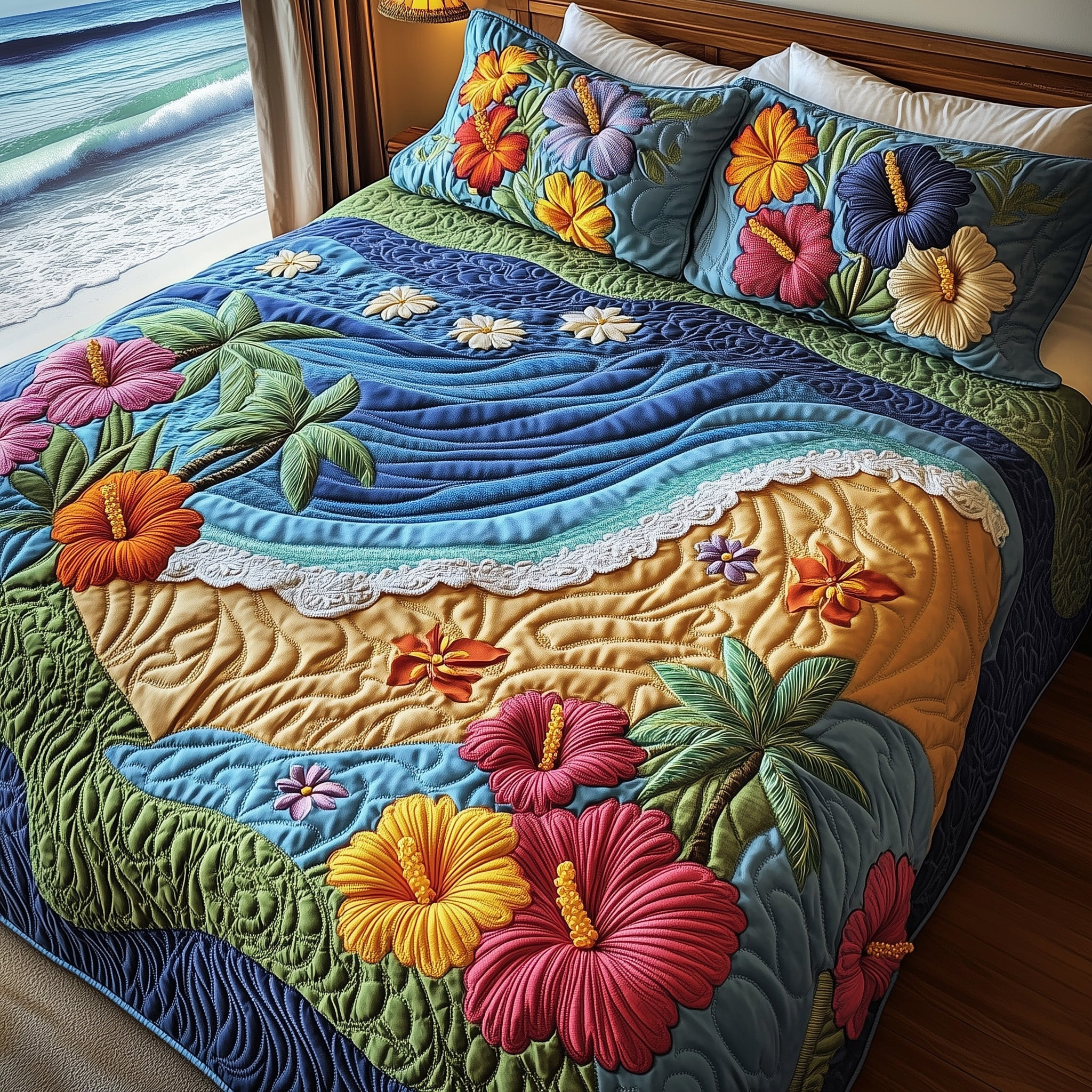 Hibiscus Shoreline Quilted Bedding Set Beach Paradise Beach And Blossom Bedding Gift Ideas