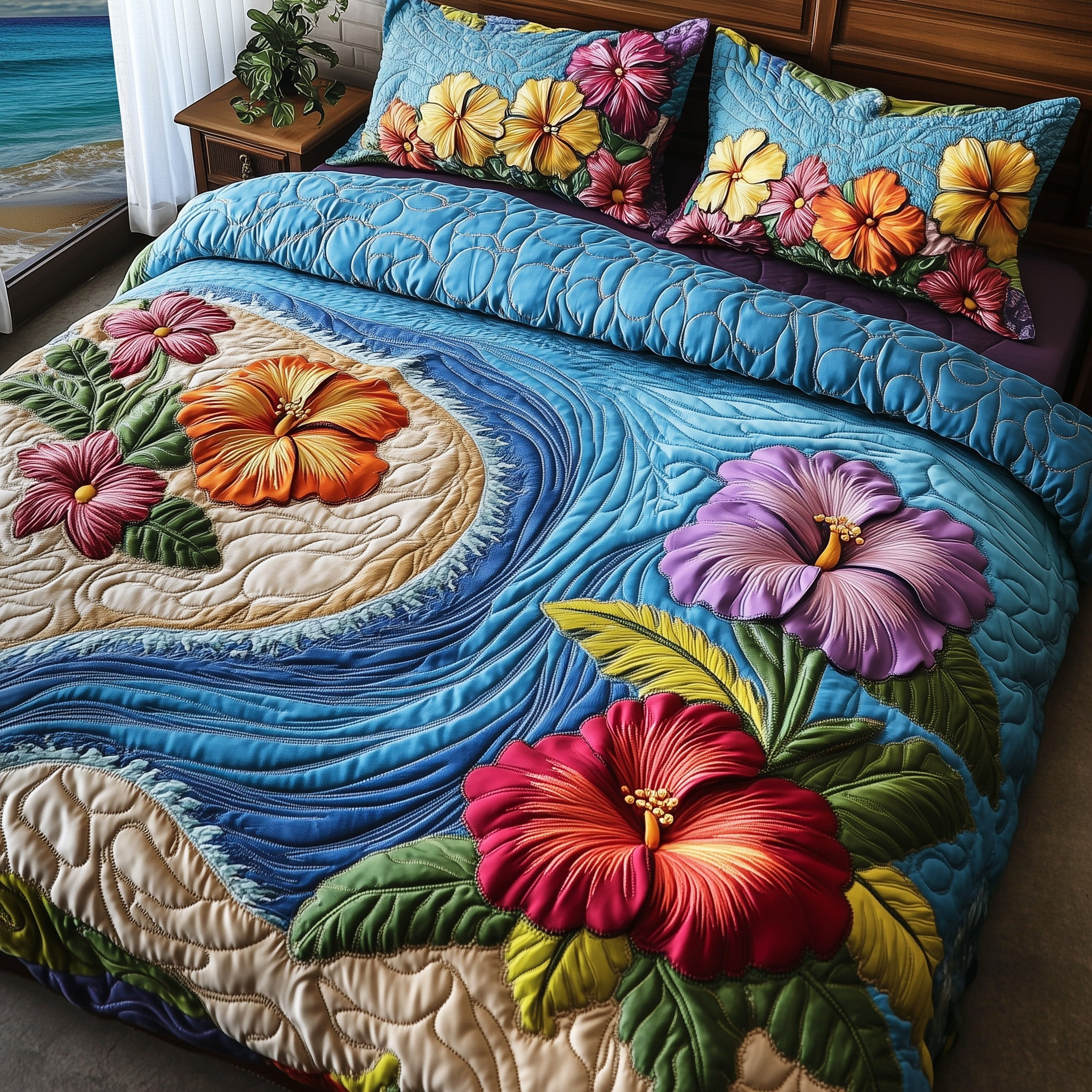 Hibiscus Shoreline Quilted Bedding Set Beach Paradise Beach And Blossom Bedding Gifts